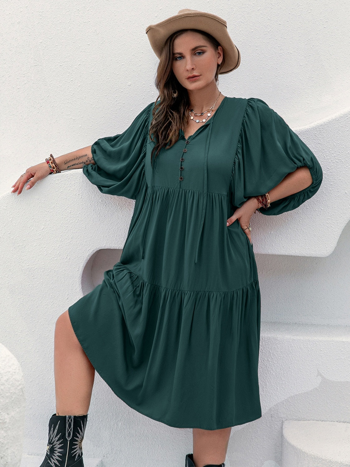 Plus Size Tie Neck Balloon Sleeve Midi Dress