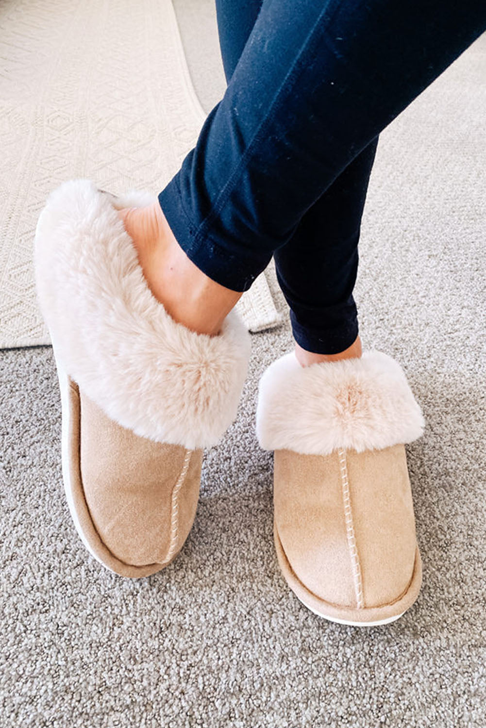 Khaki Cut and Sew Faux Suede Lined Slippers