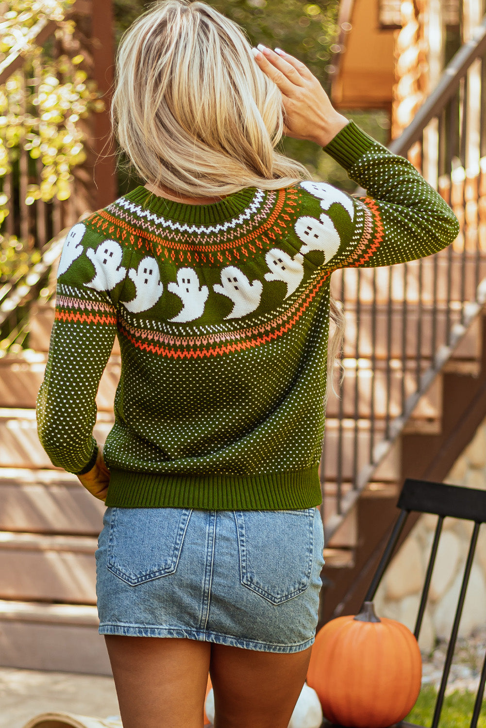 Jungle Green Halloween Ghost Pattern Drop Shoulder Sweater