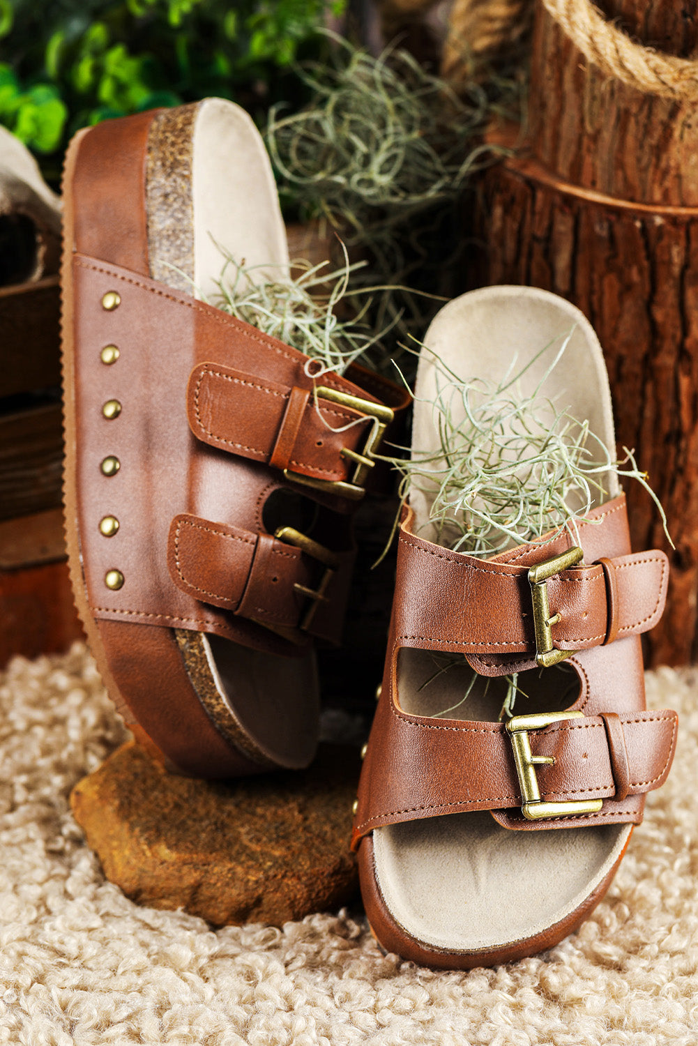 Chestnut Dual Buckle Studded Platform Sandals