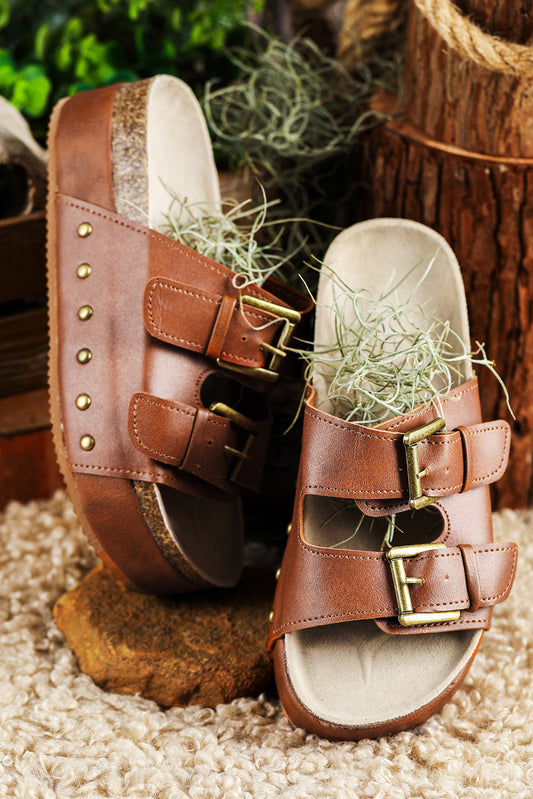 Chestnut Dual Buckle Studded Platform Sandals