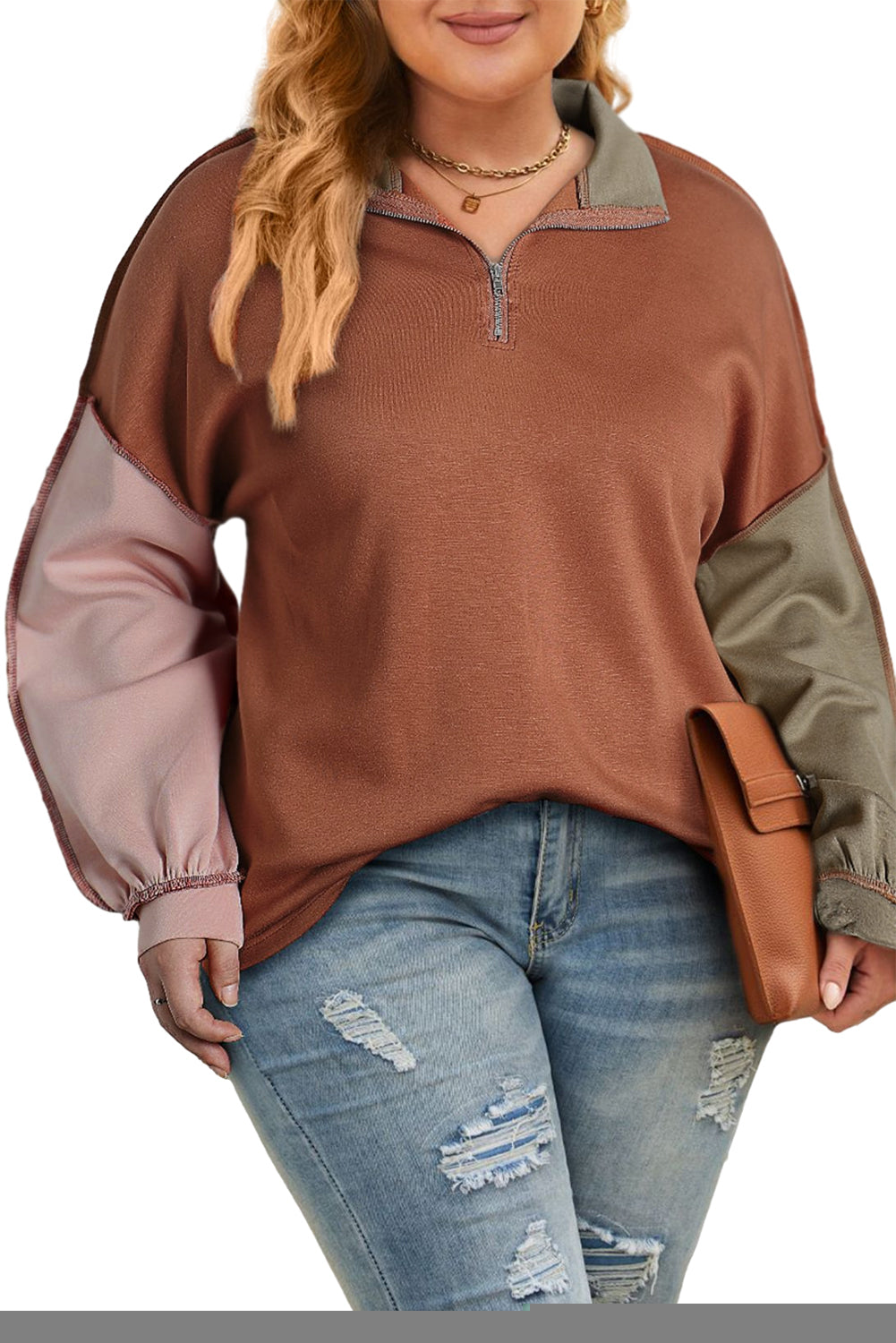 Gold Flame Plus Size Colorblock Exposed Seam Quarter Zip Sweatshirt