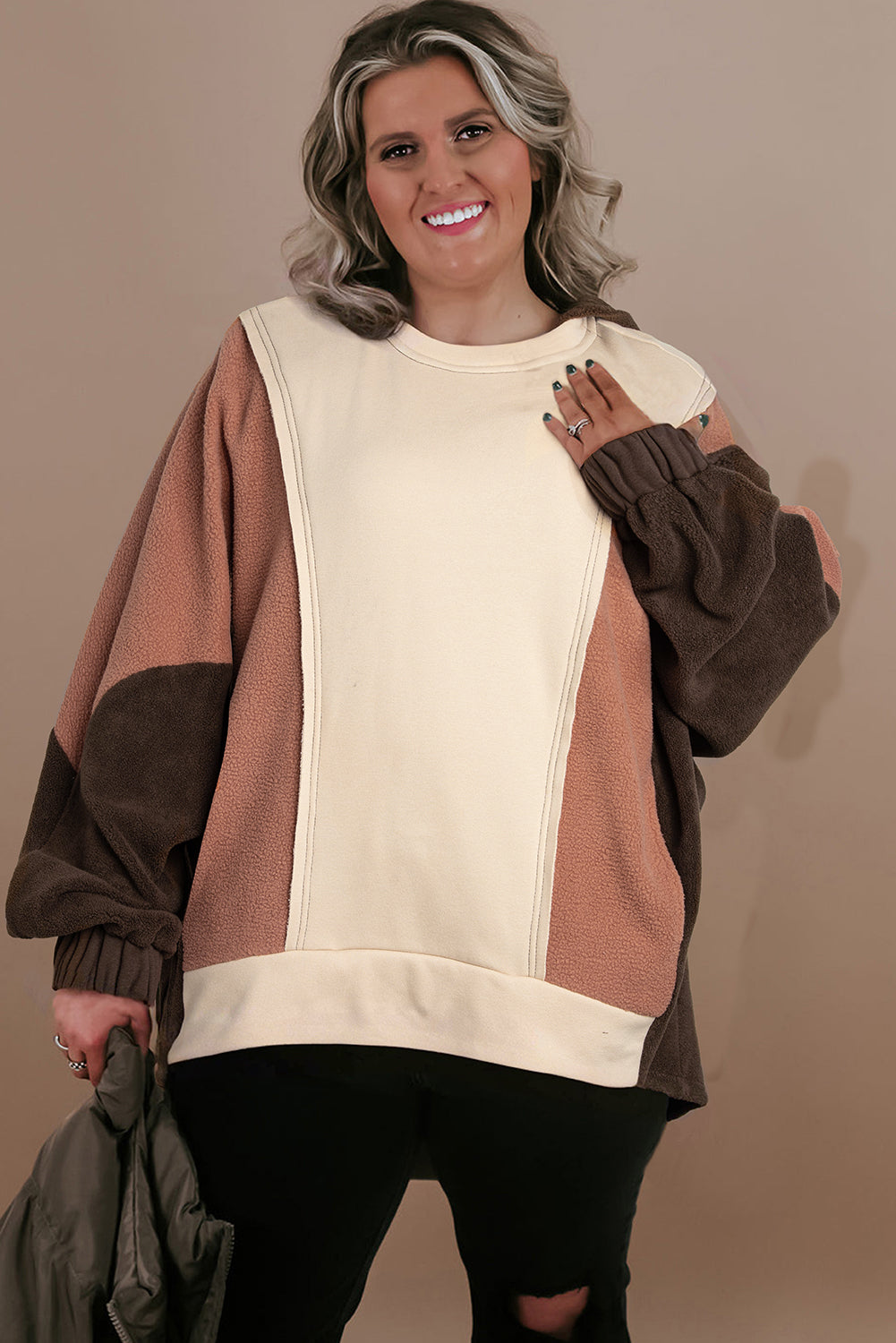 Brown Exposed Seam Colorblock Plus Size Hoodie