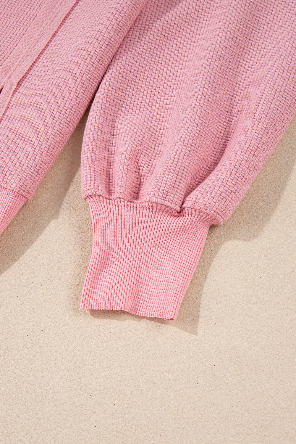 Pink Waffle Knit Bishop Sleeve Split Oversized Sweatshirt