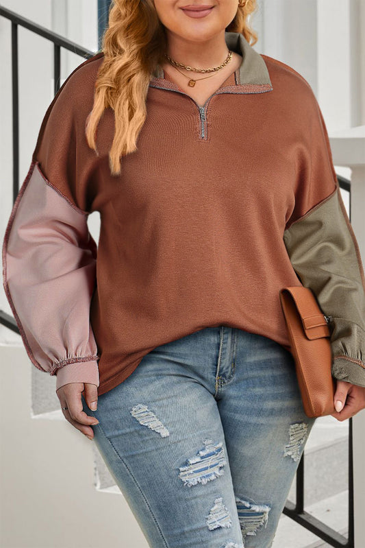 Gold Flame Plus Size Colorblock Exposed Seam Quarter Zip Sweatshirt