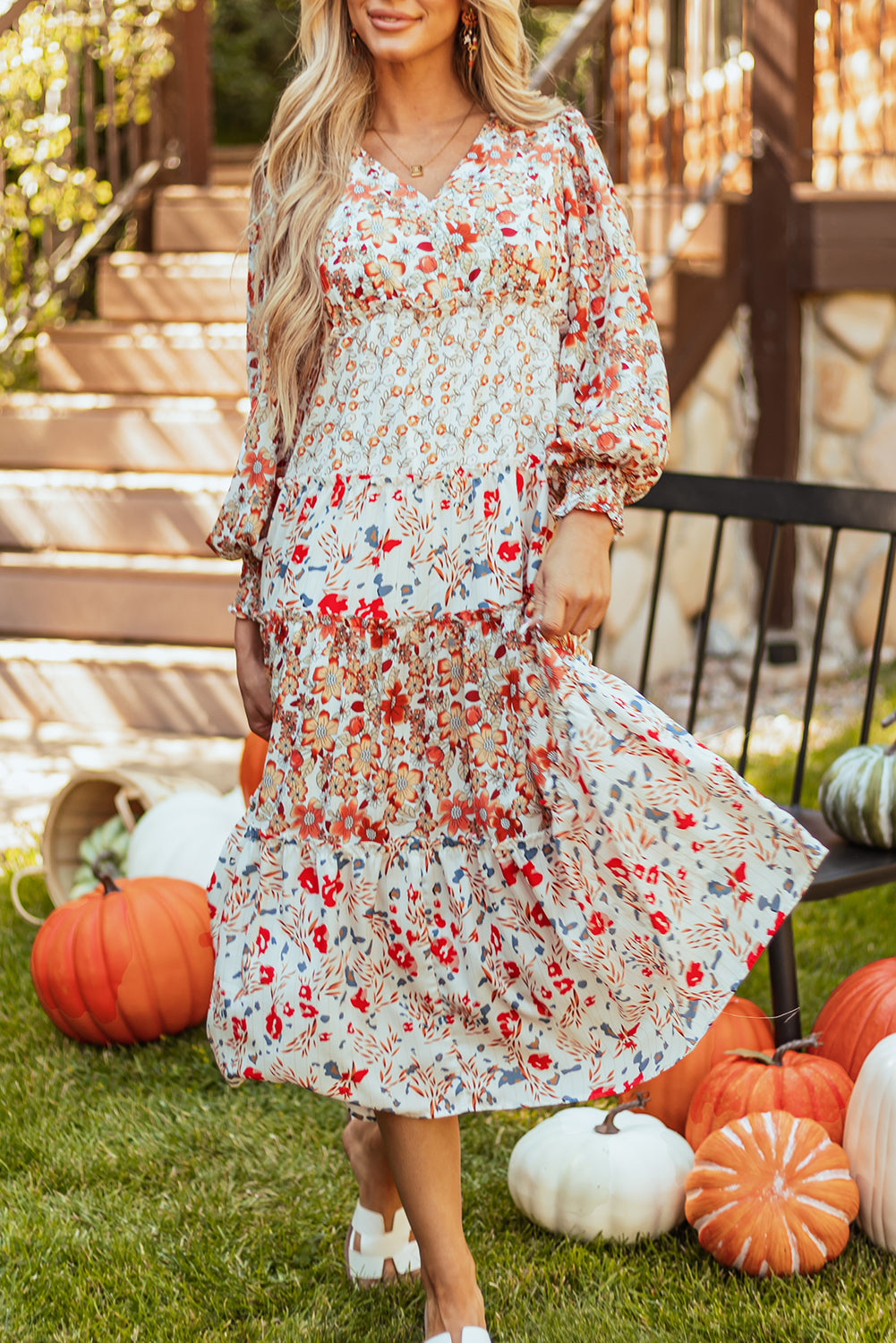 Clara Khaki Floral Print Ruffled Tiered Long Sleeve V Neck Midi Dress