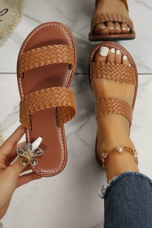 Chestnut Braided Double Band Leathered Flat Sandals