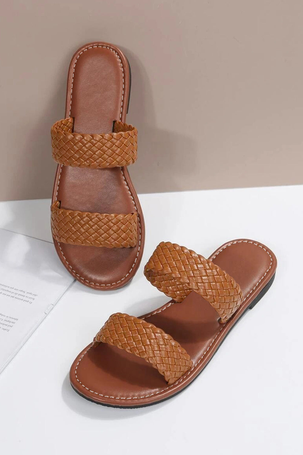 Chestnut Braided Double Band Leathered Flat Sandals