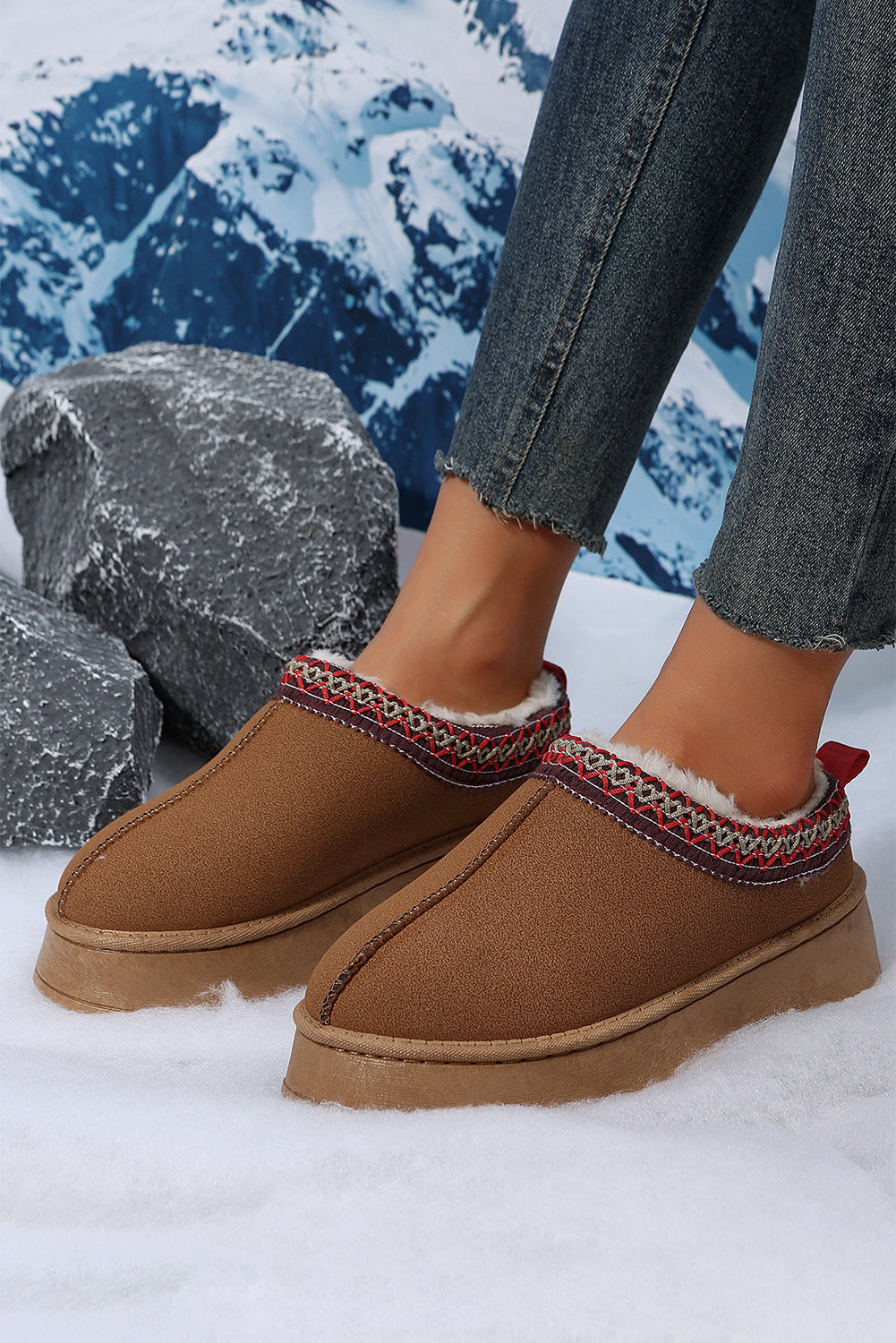 Chestnut Contrast Print Suede Snow Boots