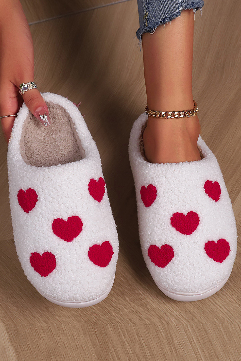 White Valentines Day Hearts Print House Slippers