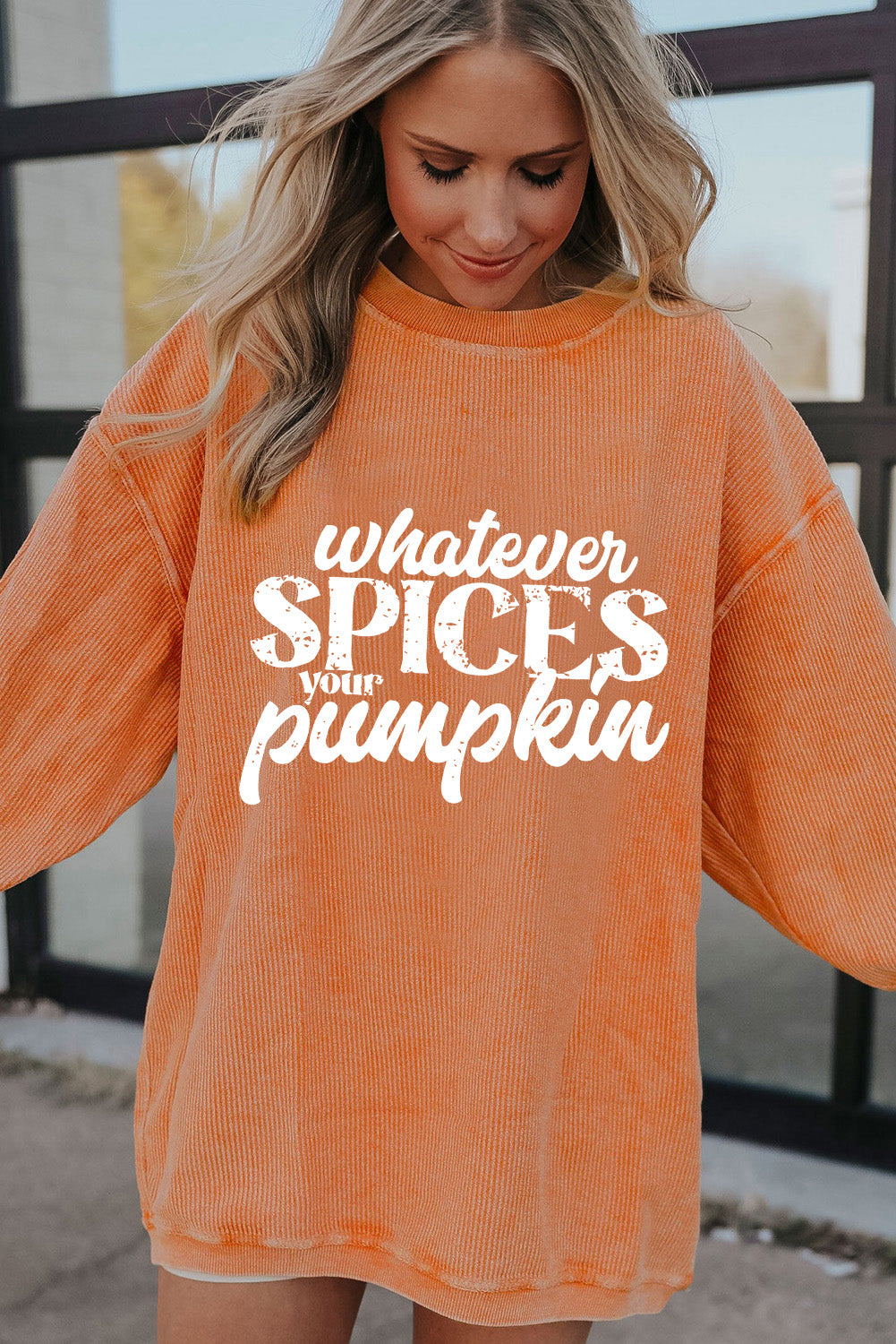 Orange Whatever Spices Your Pumpkin Graphic Corded Pullover Sweatshirt