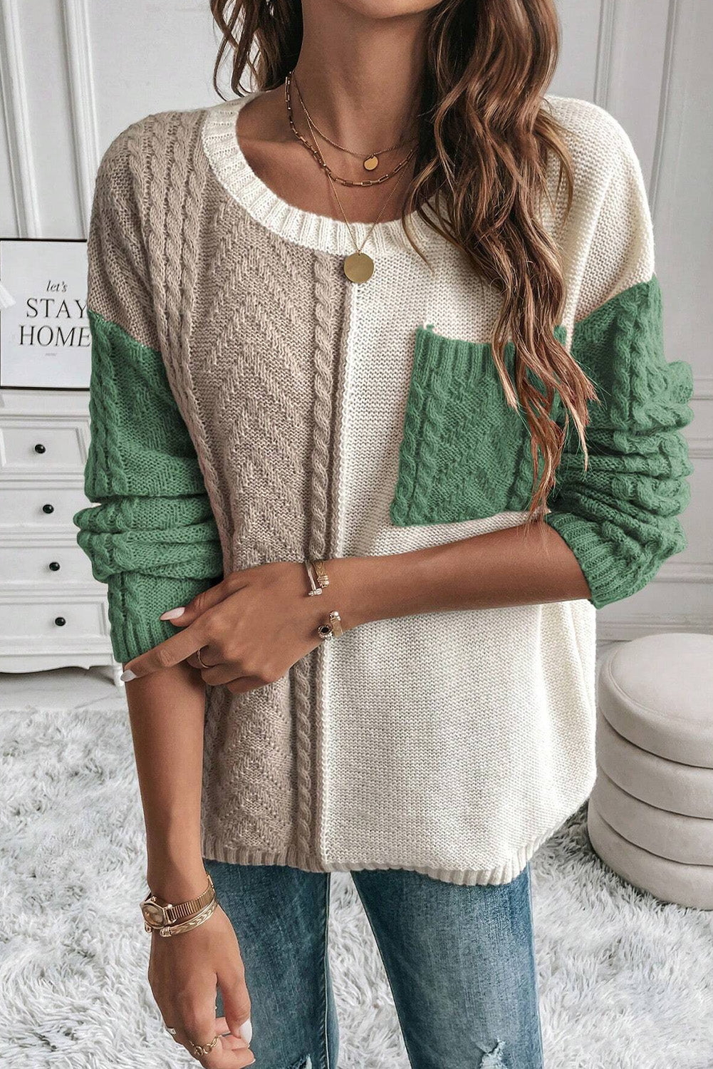 Vineyard Green Colorblock Patched Pocket Drop Shoulder Sweater