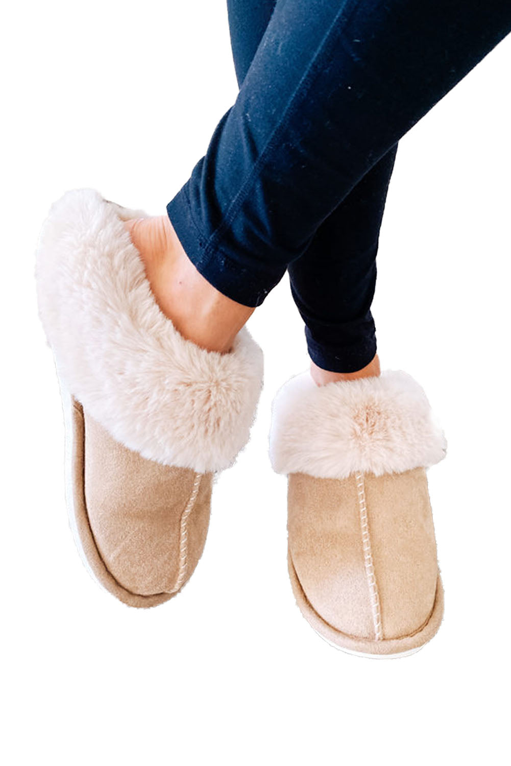 Khaki Cut and Sew Faux Suede Lined Slippers