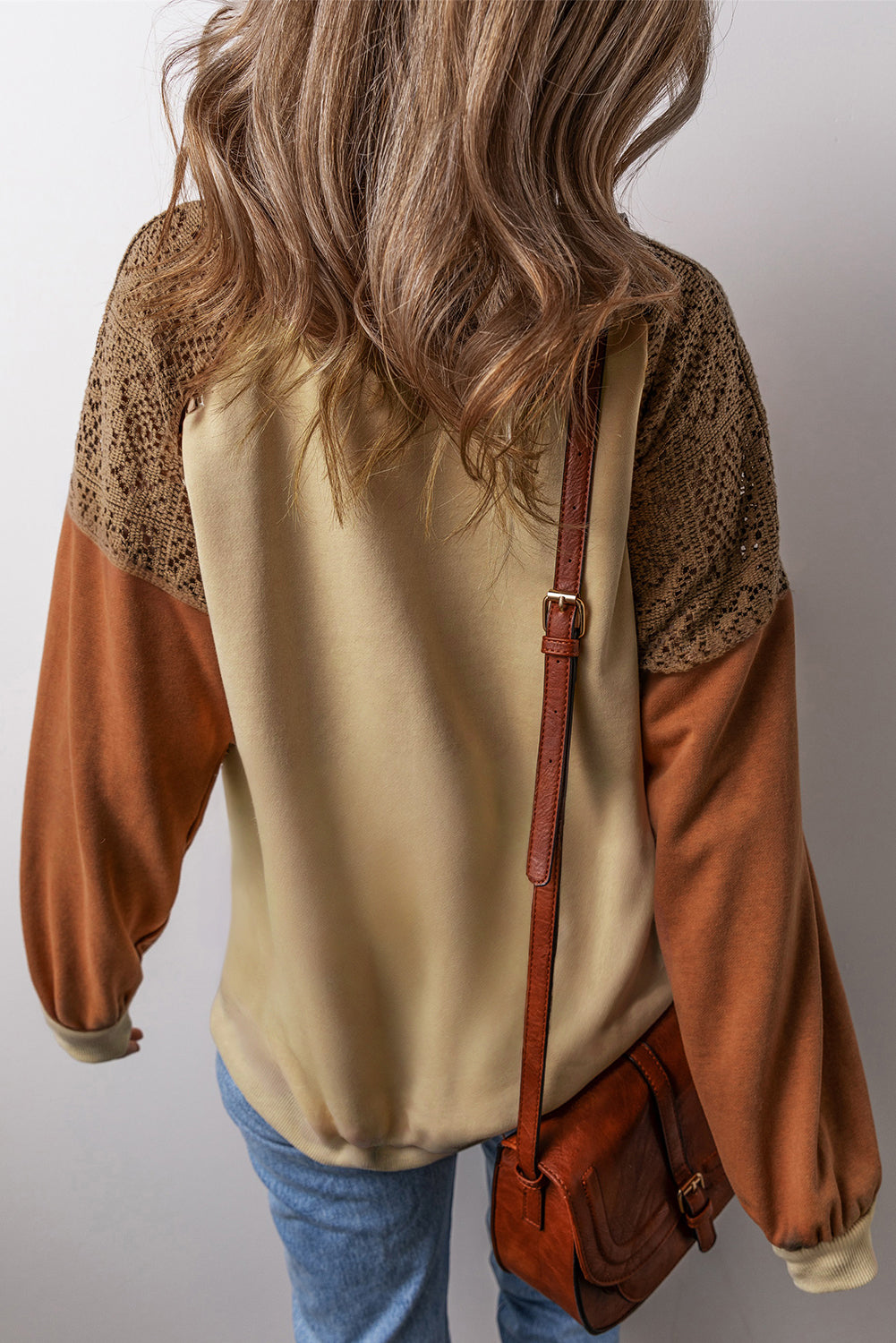 Khaki Lace Patchwork Colorblock Drop Shoulder Sweatshirt