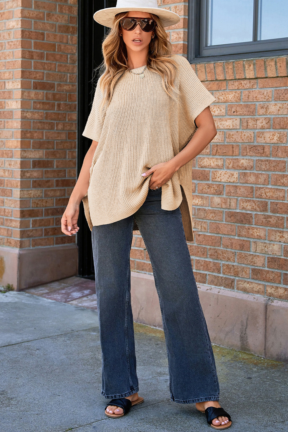 Apricot Short Sleeve Side Slit Oversized Sweater