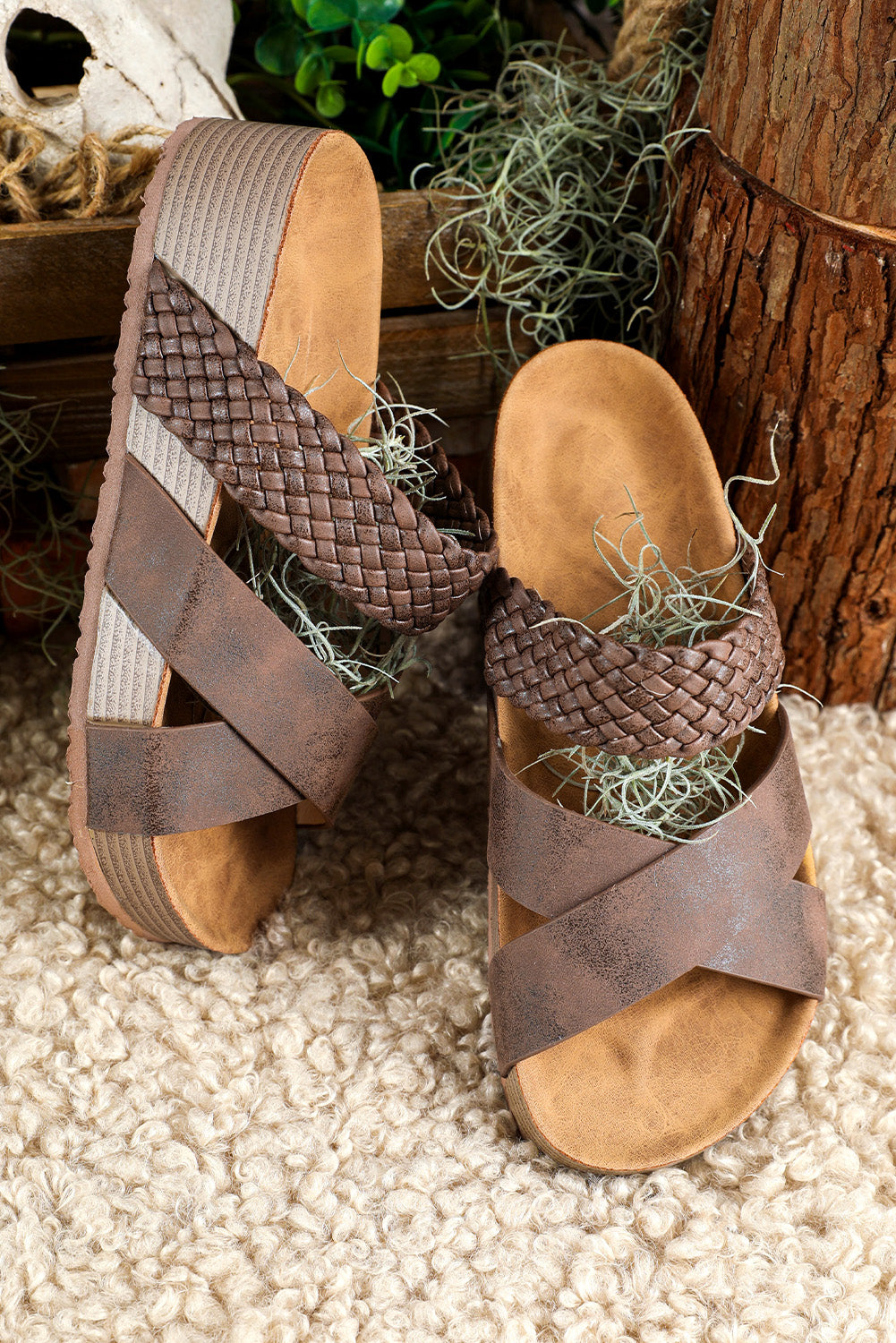 Brown Braided Detail Criss Cross Platform Sandals