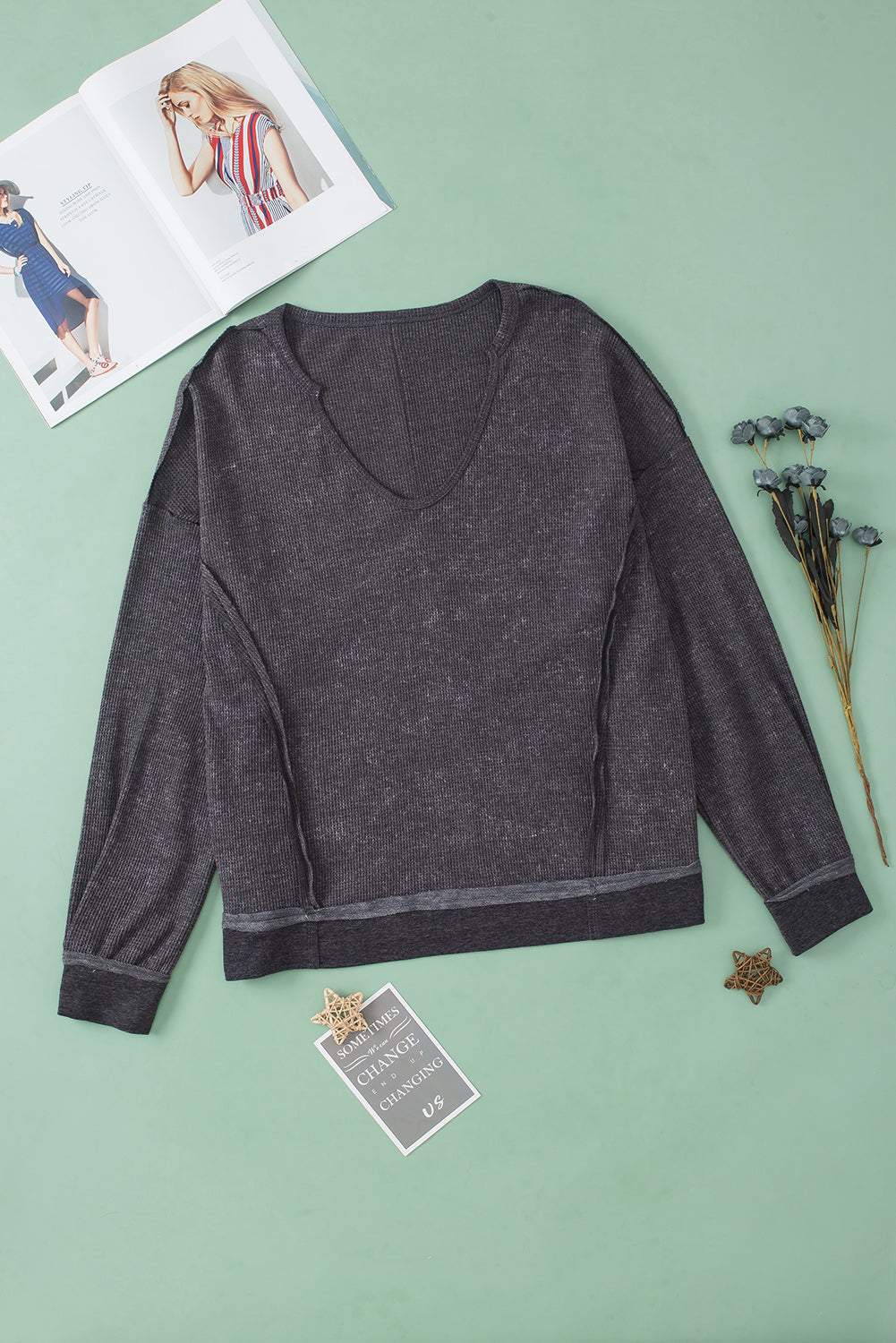 Gray Oversized Drop Shoulder Thermal Knit Top