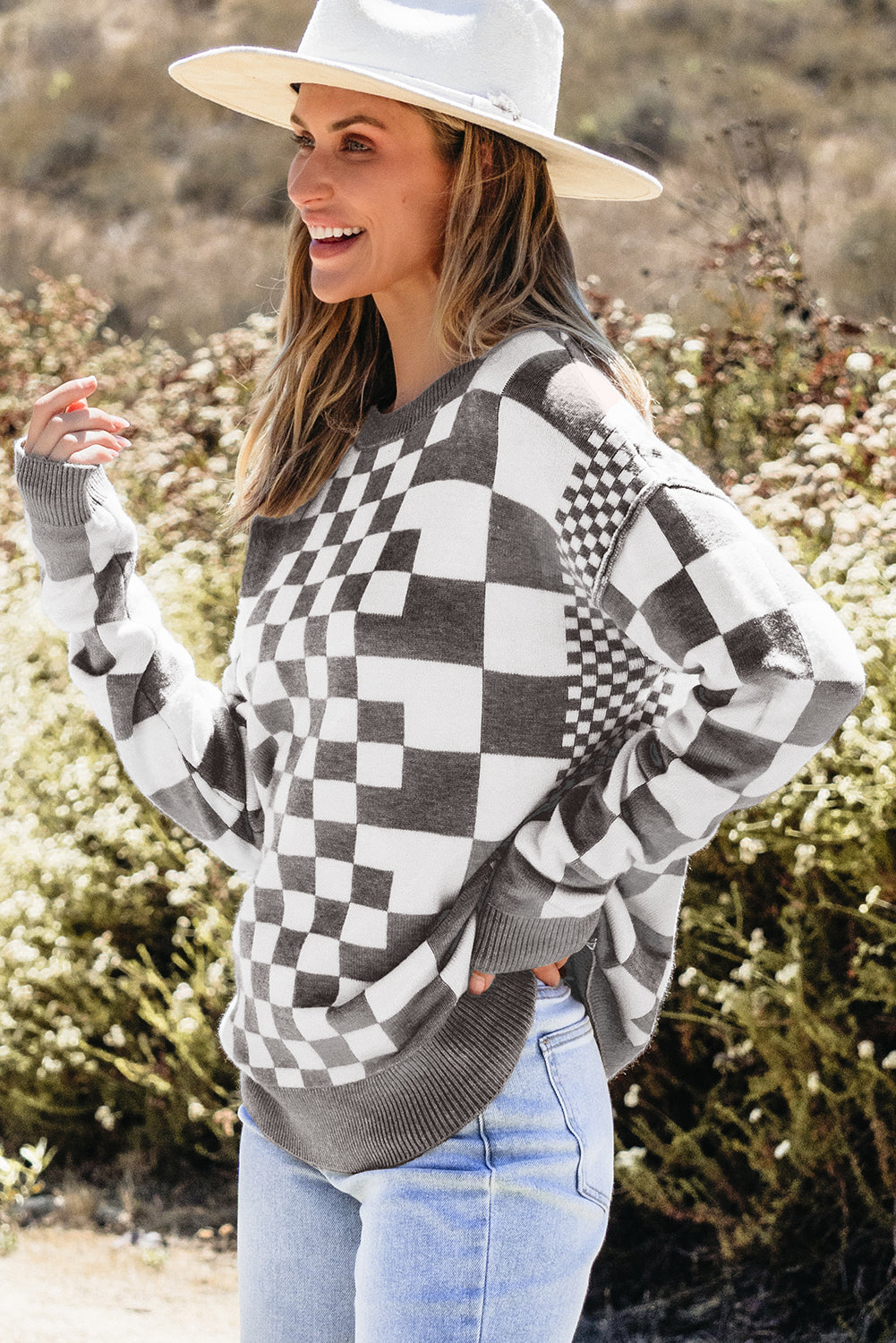 Gray Checkered Print Drop Shoulder Round Neck Sweater