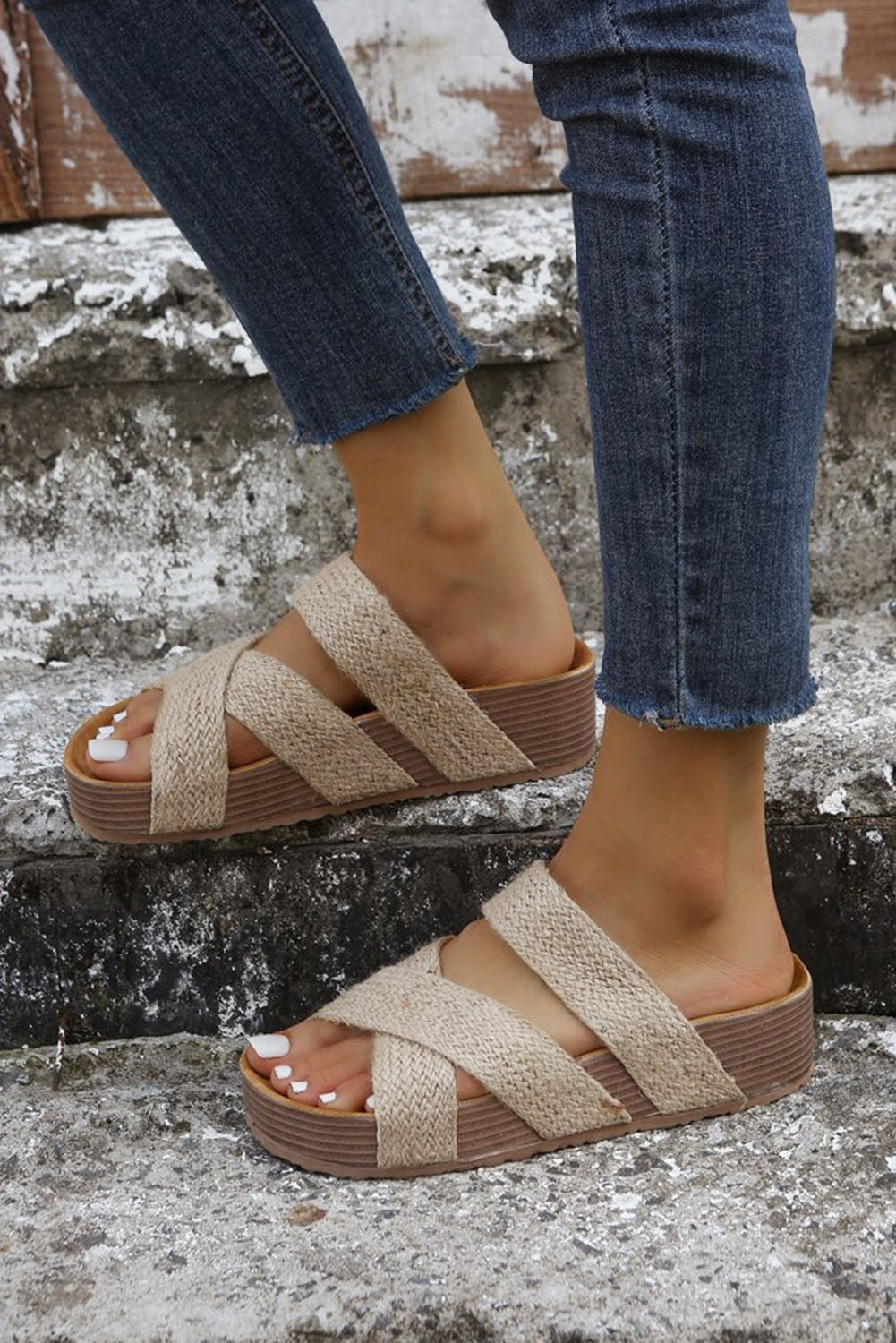 Beige Woven Cross Criss Hollowed Slip-On Sandals