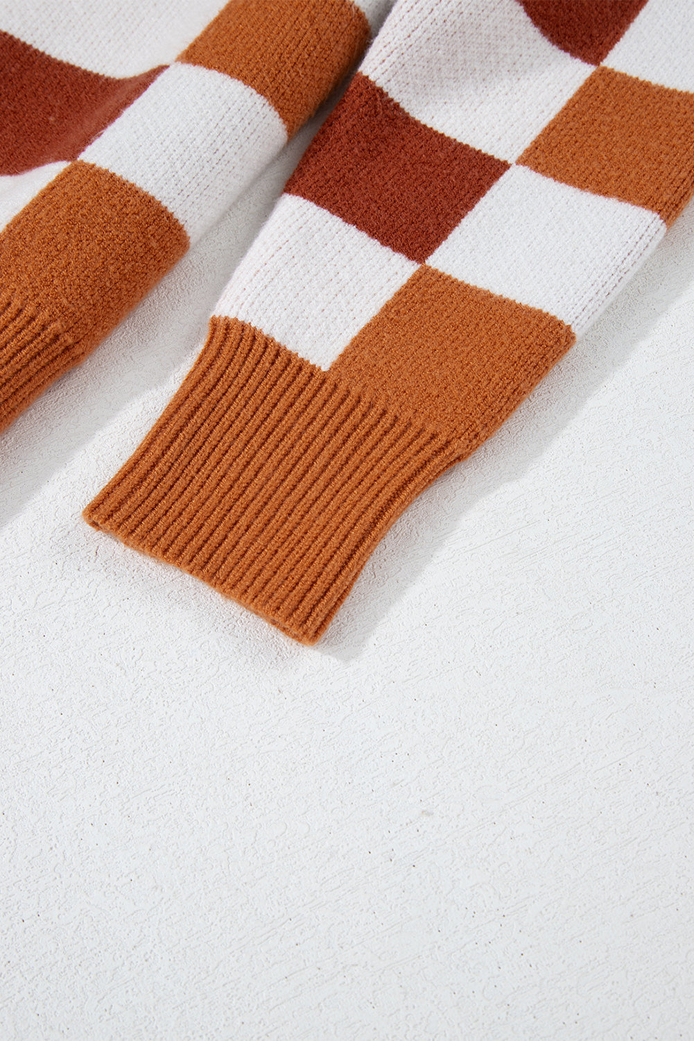 Orange Checkered Ribbed Edge O Neck Drop Shoulder Sweater