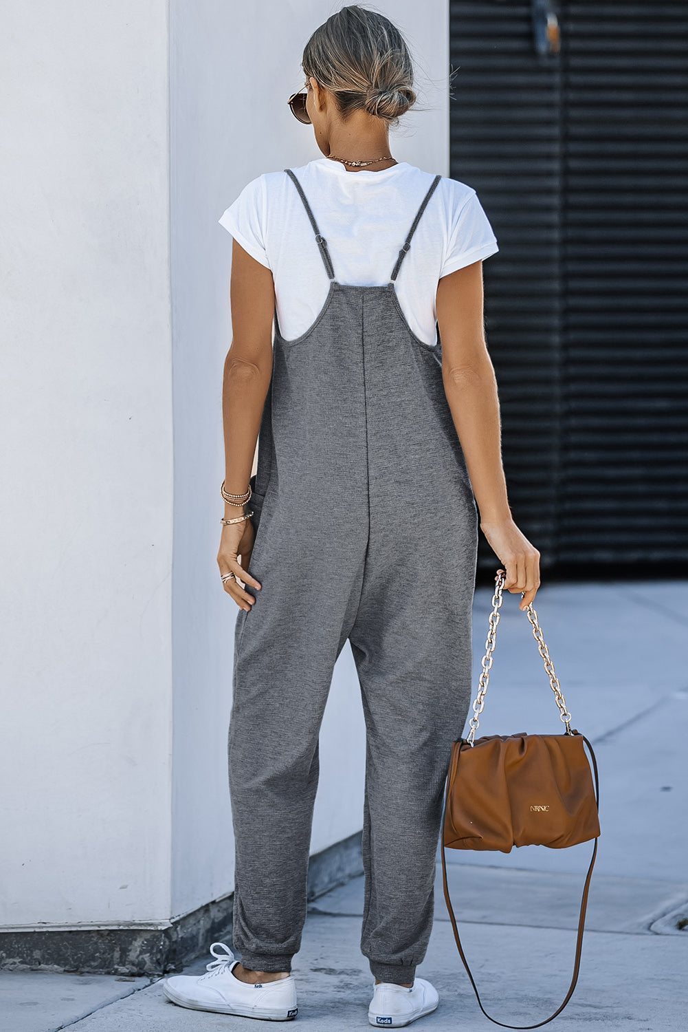 Gray Textured Sleeveless V-Neck Pocketed Casual Jumpsuit