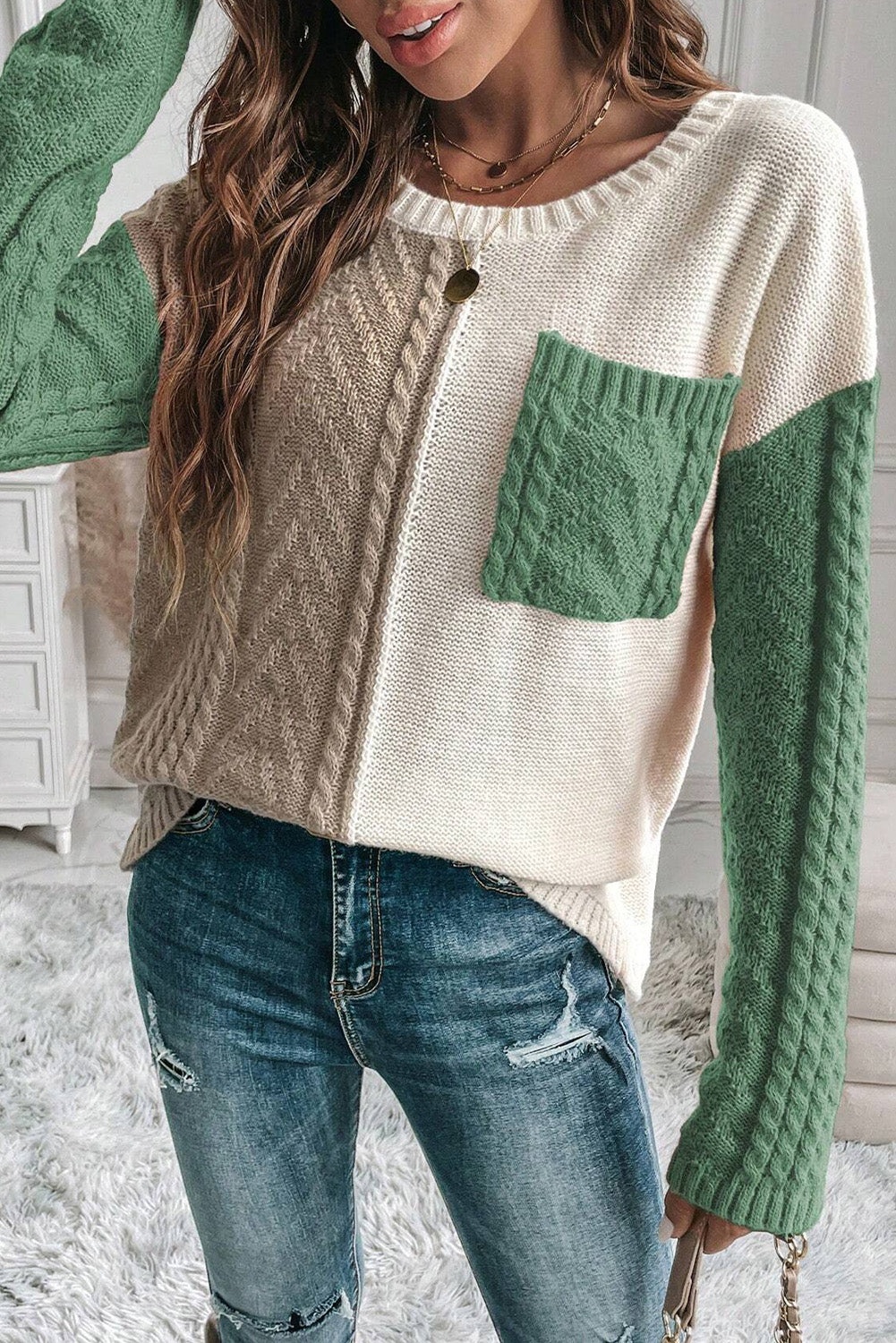 Vineyard Green Colorblock Patched Pocket Drop Shoulder Sweater