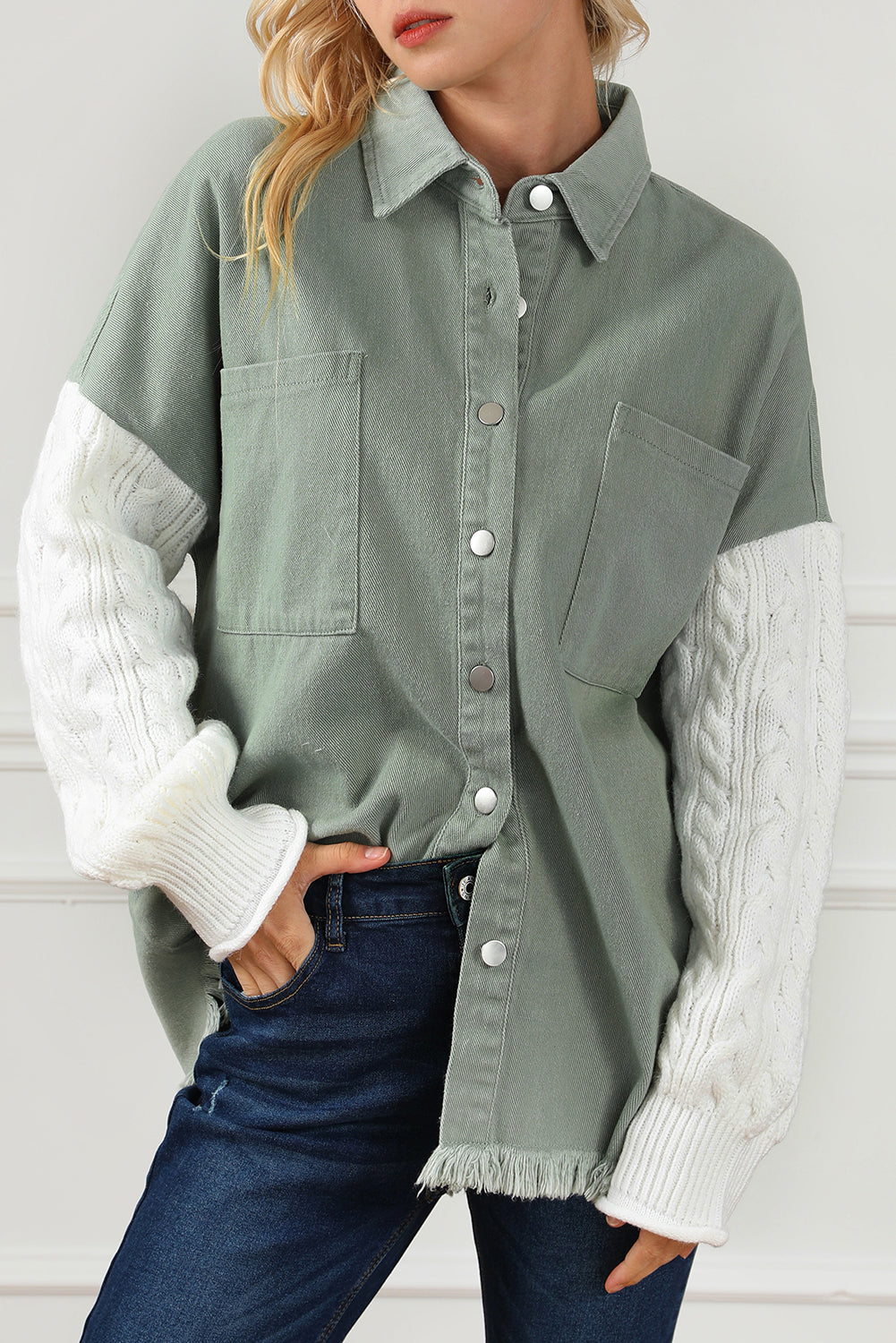 Green Cable Knit Sleeve Raw Hem Shacket