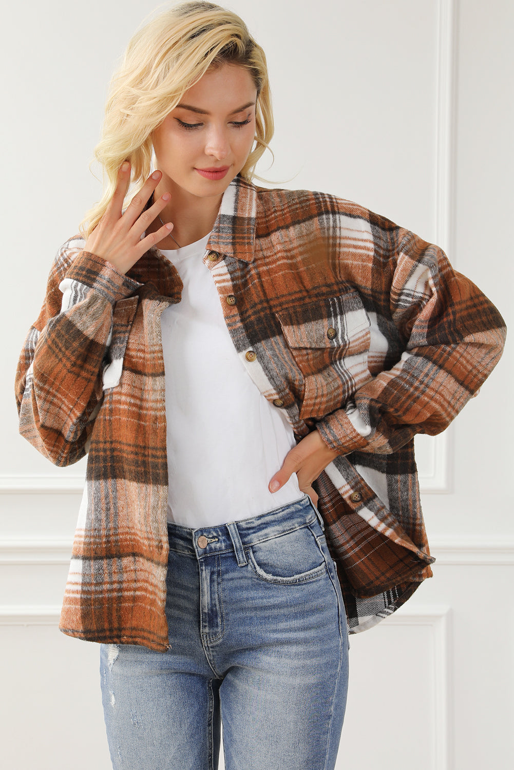 Brown Plaid Flap Pockets Shacket