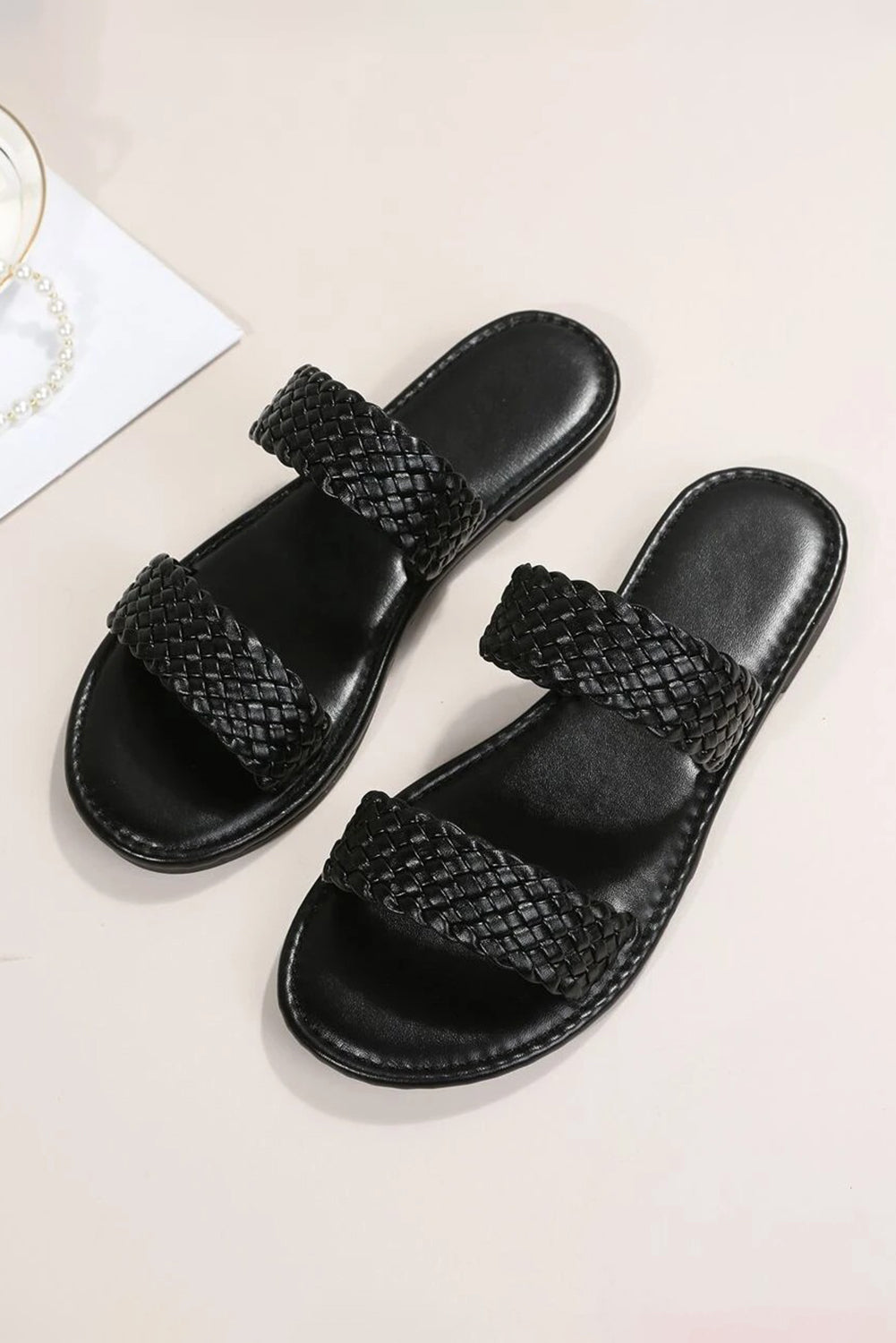 Black Braided Double Band Leathered Flat Sandals