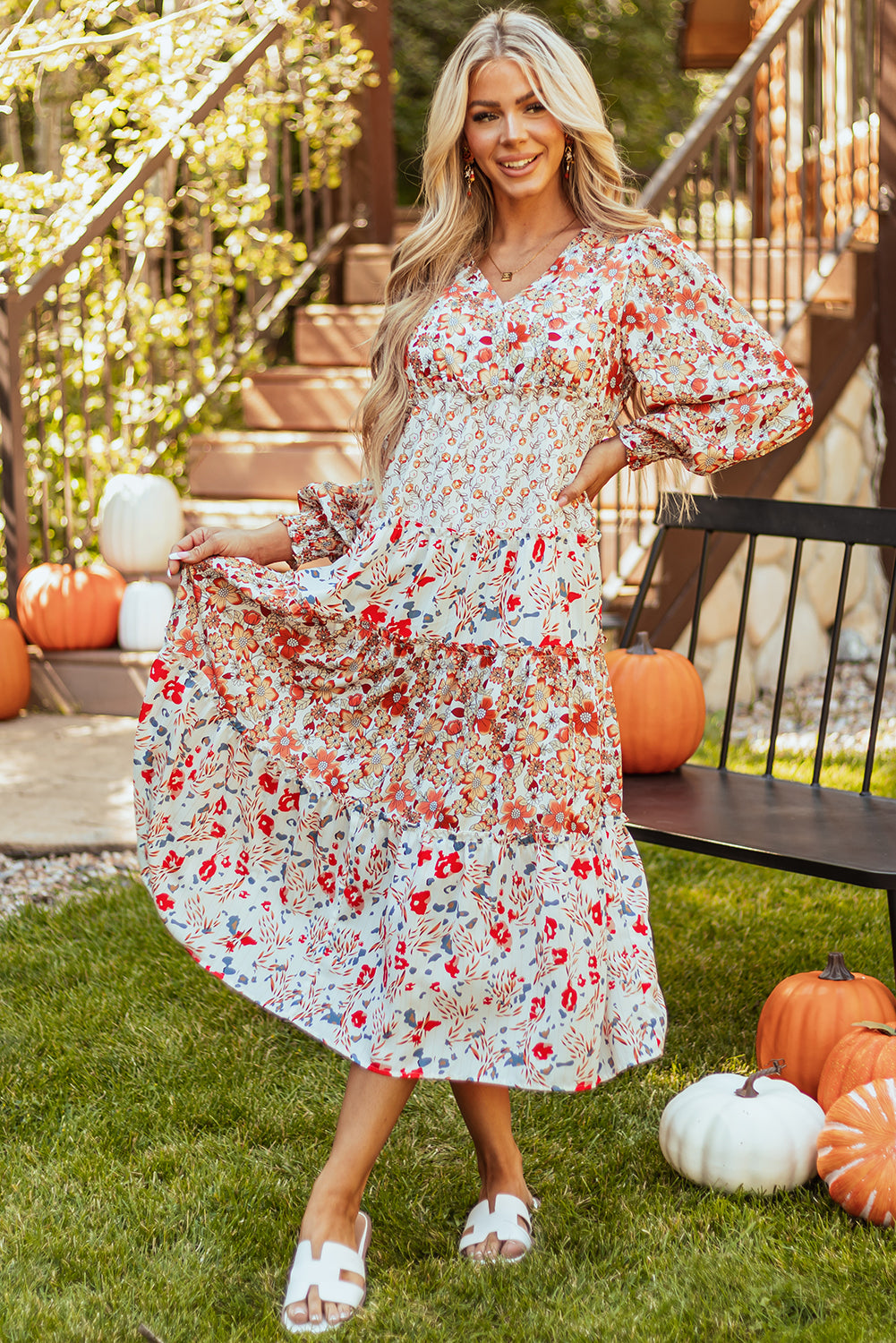 Clara Khaki Floral Print Ruffled Tiered Long Sleeve V Neck Midi Dress