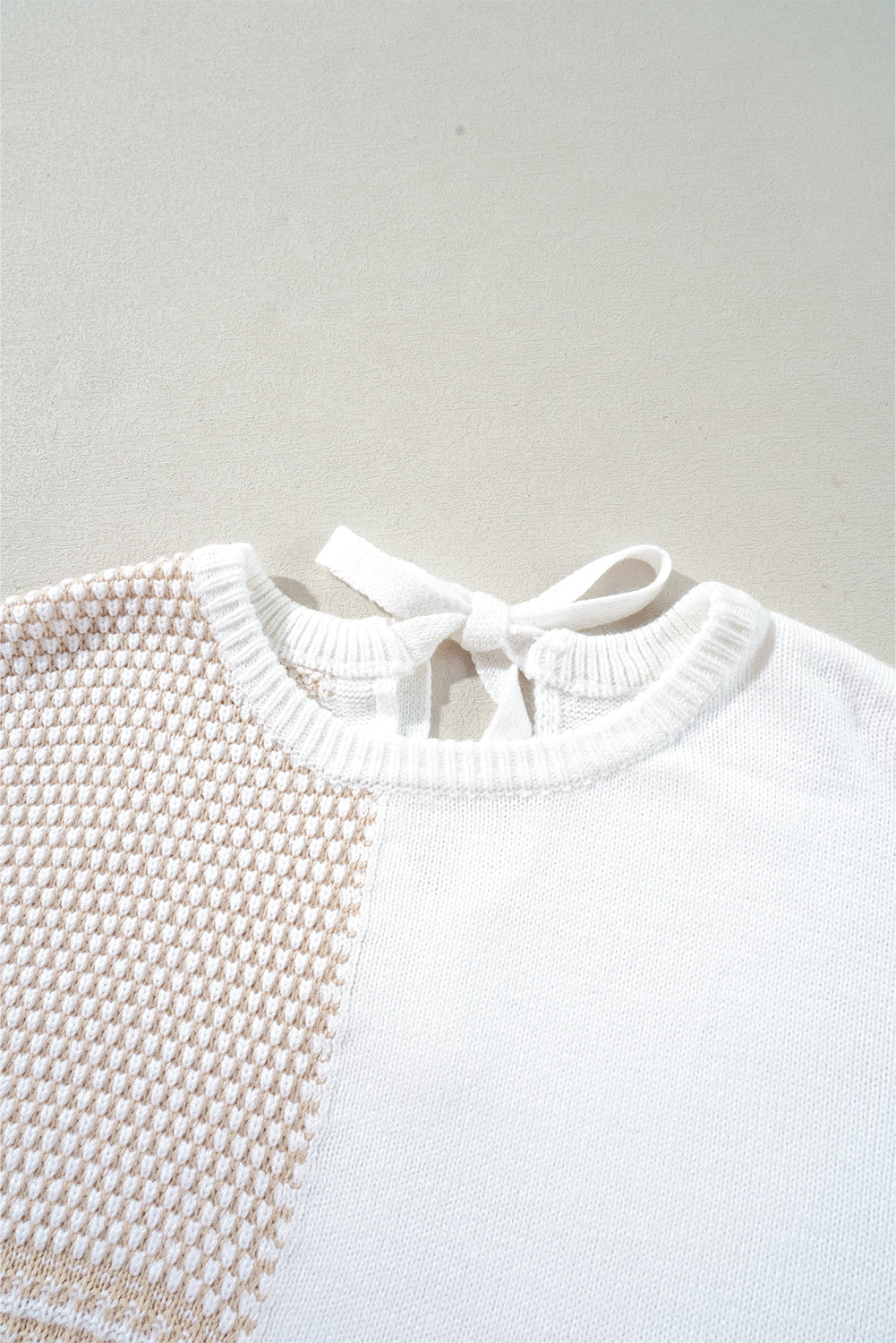 Oatmeal Mixed Pattern Knit Tie Keyhole Drop Shoulder Sweater