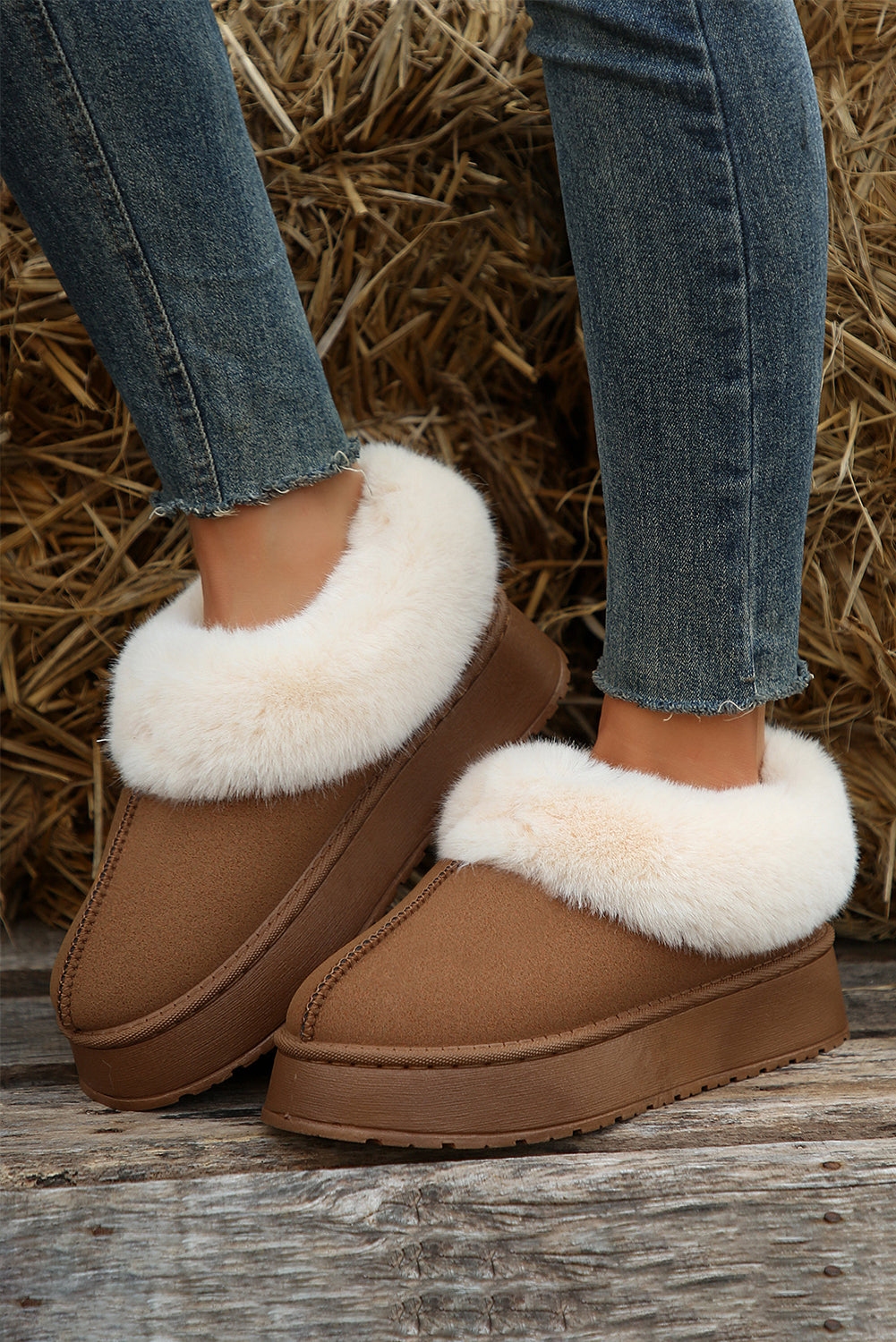 Chestnut Suede Trim Thick Sole Flat Snow Boots