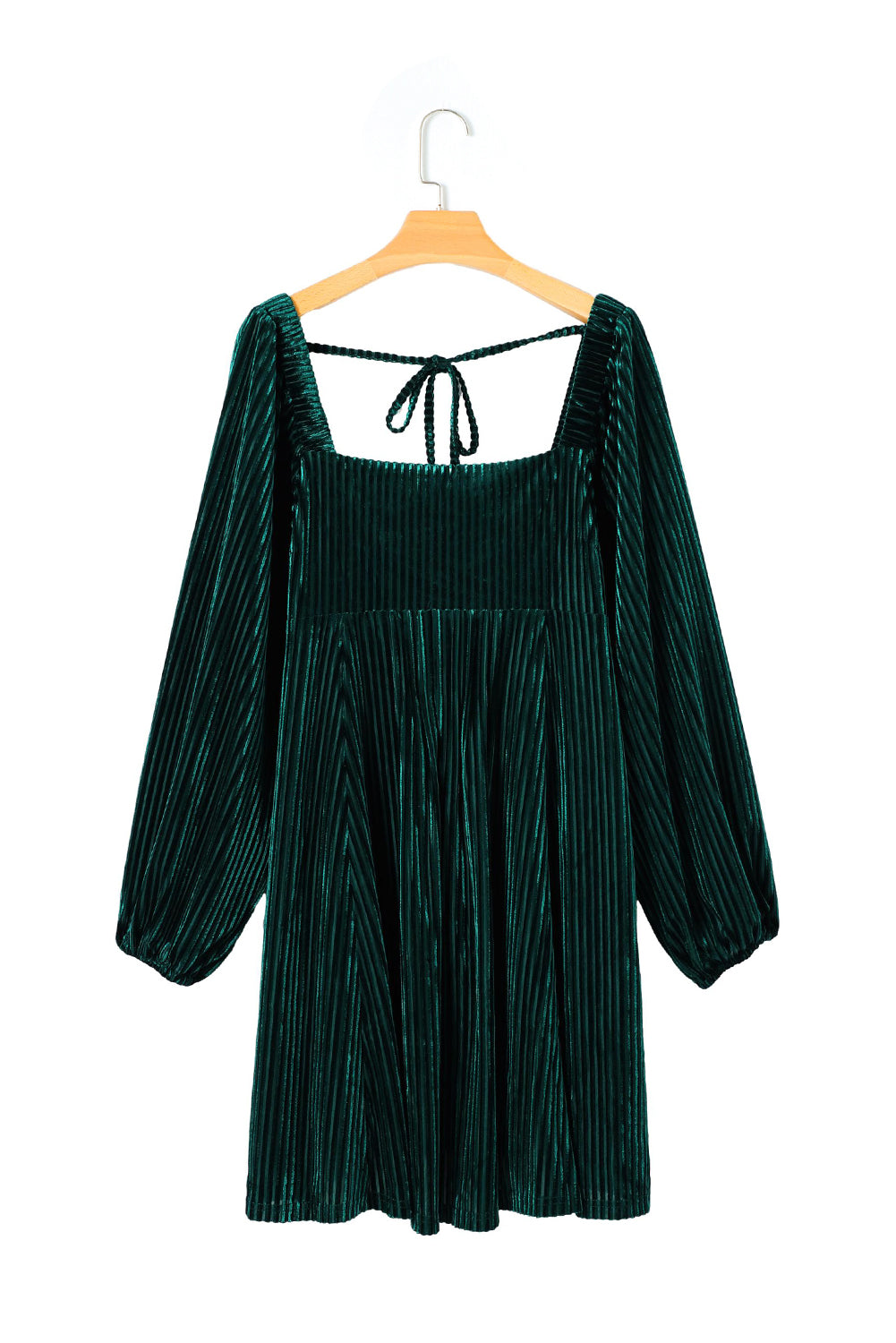 Green Tie Back Square Neck Velvet Babydoll Dress