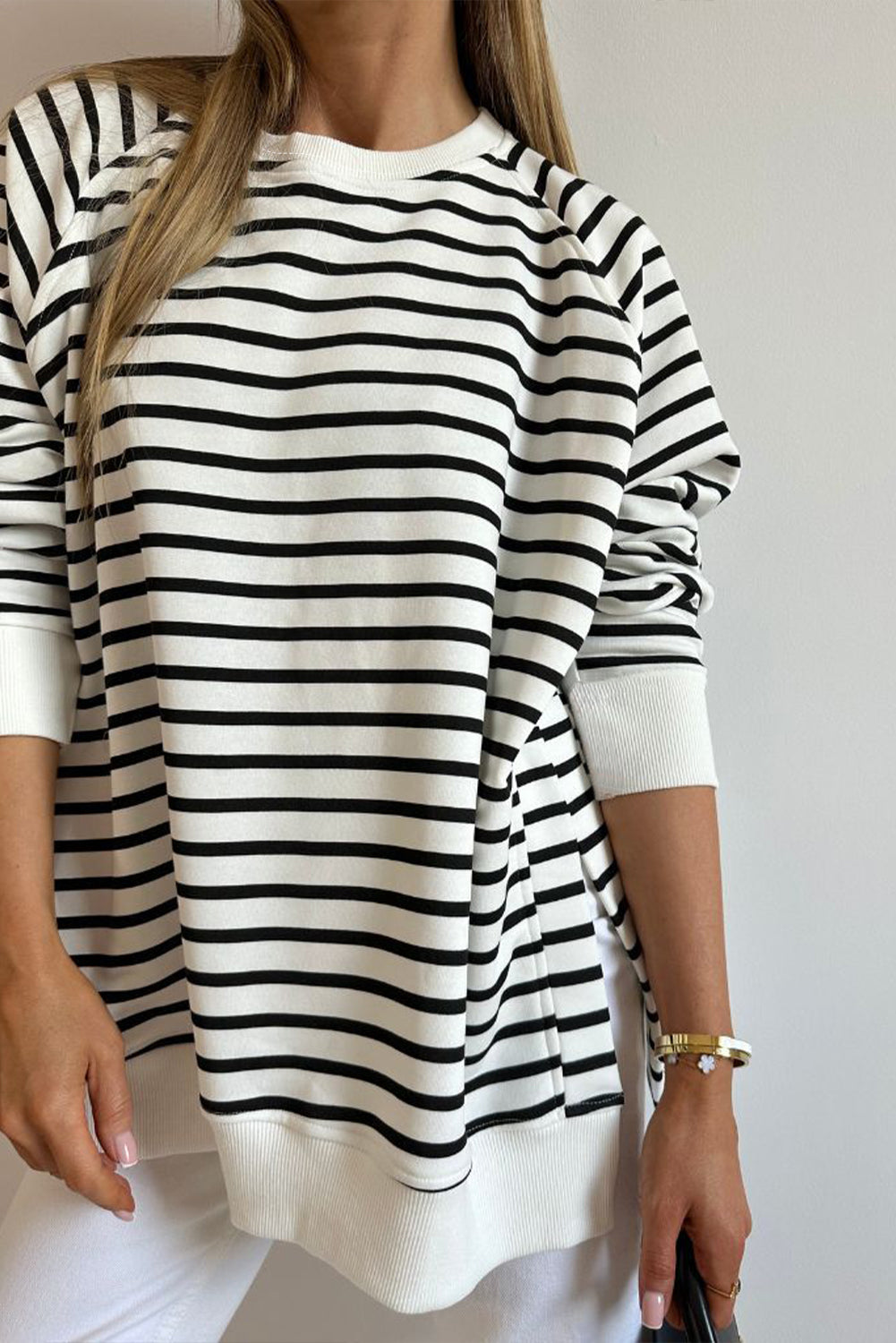 Black Stripe Raglan Sleeve Side Slits Loose Sweatshirt