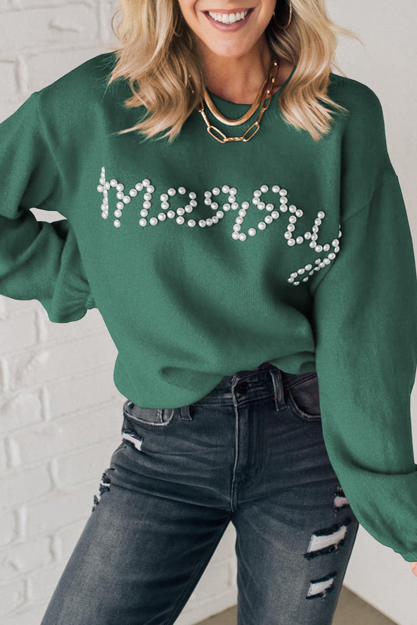 Blackish Green Pearl Beaded Merry Casual Sweater