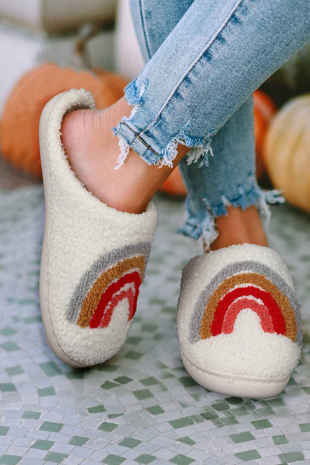 Bright White Rainbow Winter Home Slippers