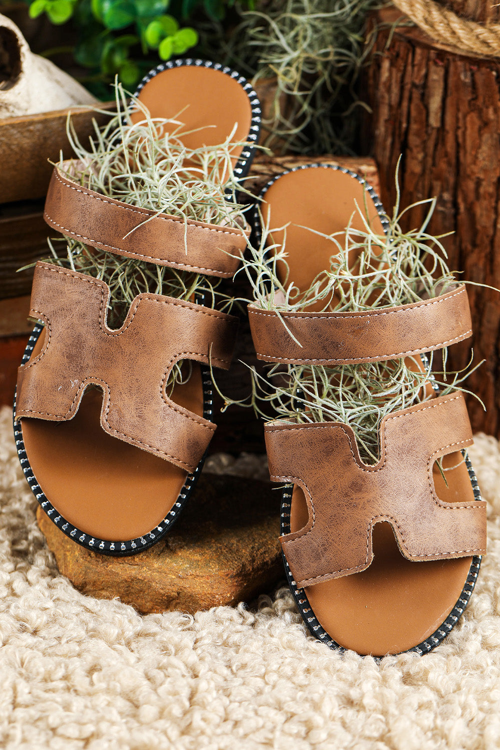 Brown Cut Out H Shape Band PU Leather Sandals