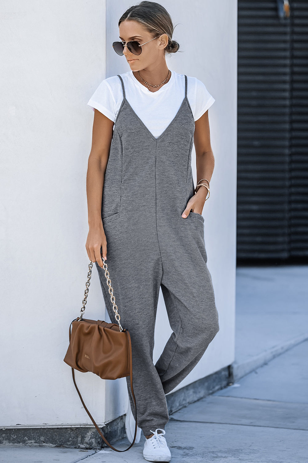 Gray Textured Sleeveless V-Neck Pocketed Casual Jumpsuit