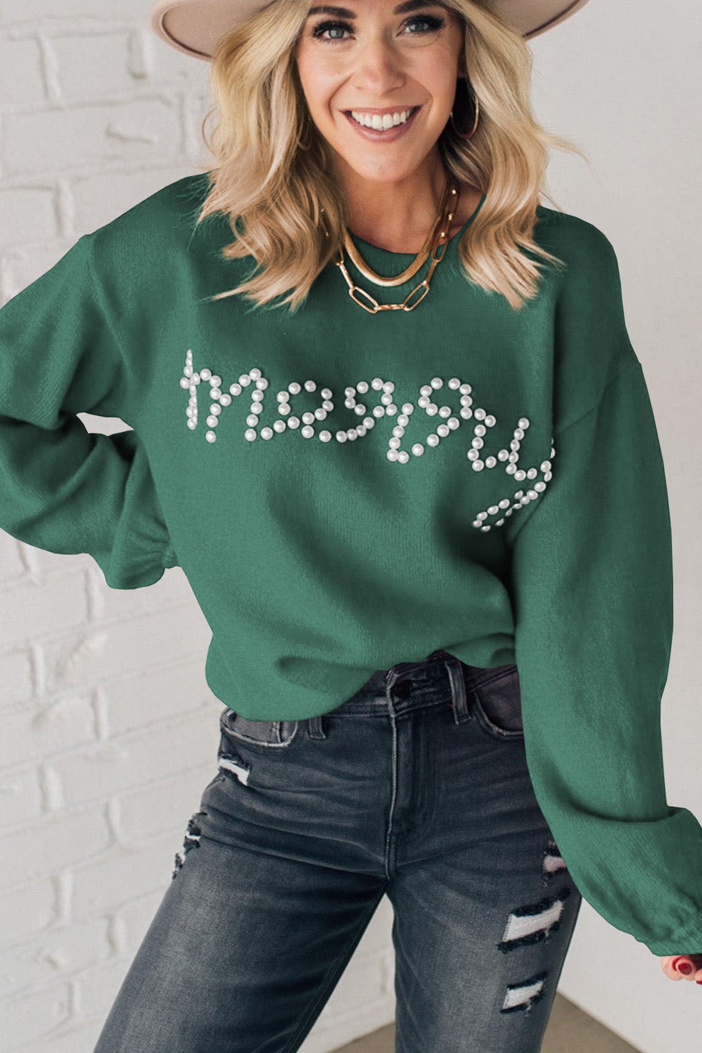 Blackish Green Pearl Beaded Merry Casual Sweater