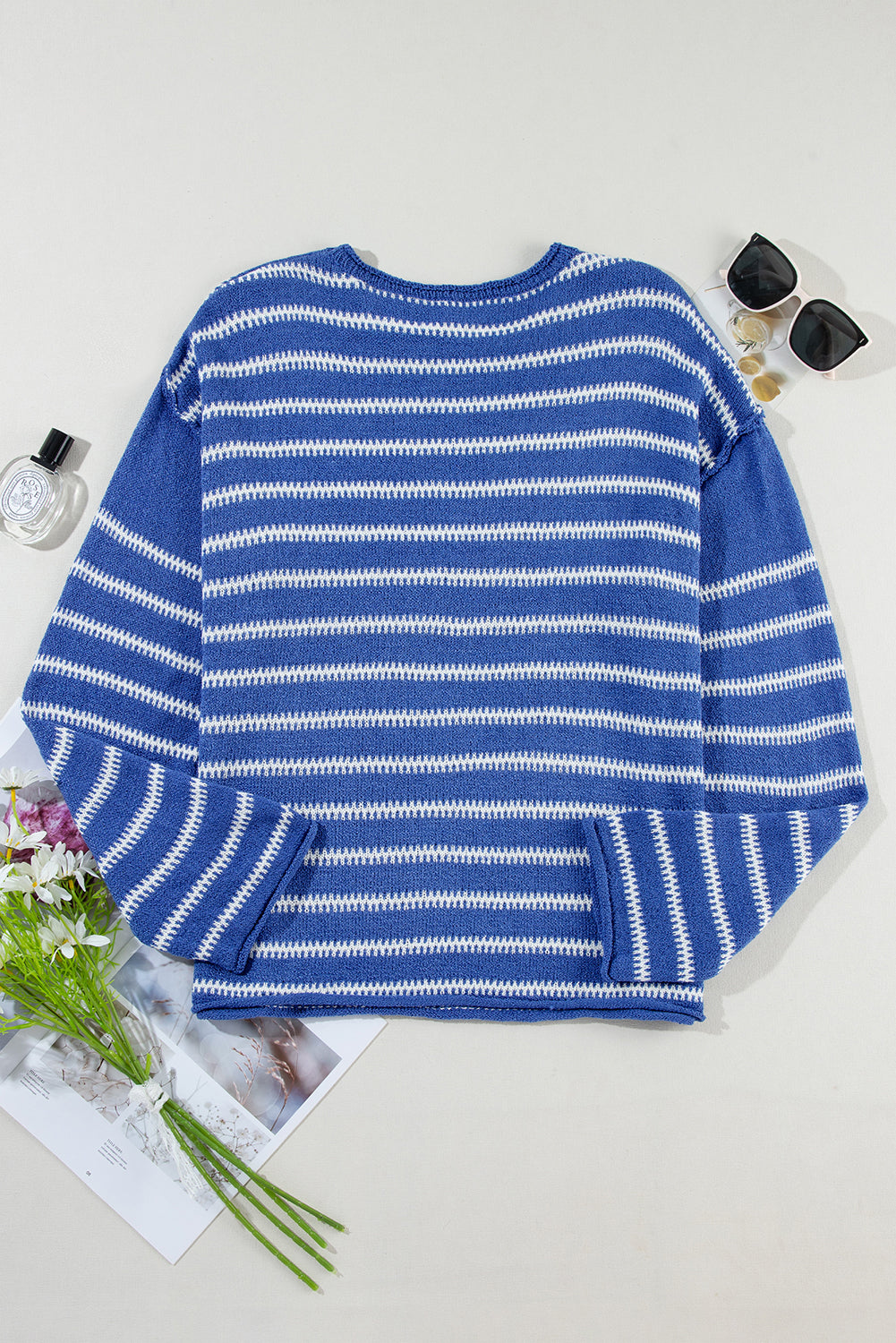 Sky Blue Stripe Drop Shoulder Casual Sweater