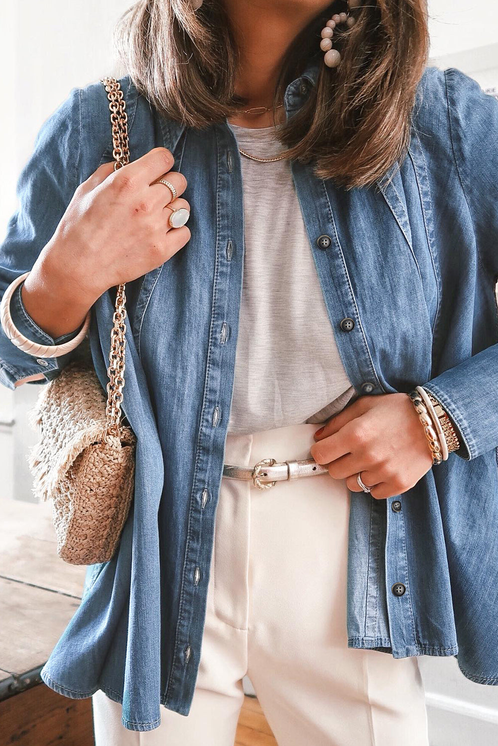 Sky Blue Button-up Long Sleeve Denim Shirt Jacket