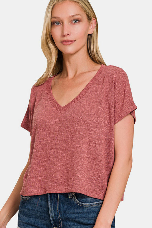 Zenana V-Neck Short Sleeve Crop T-Shirt