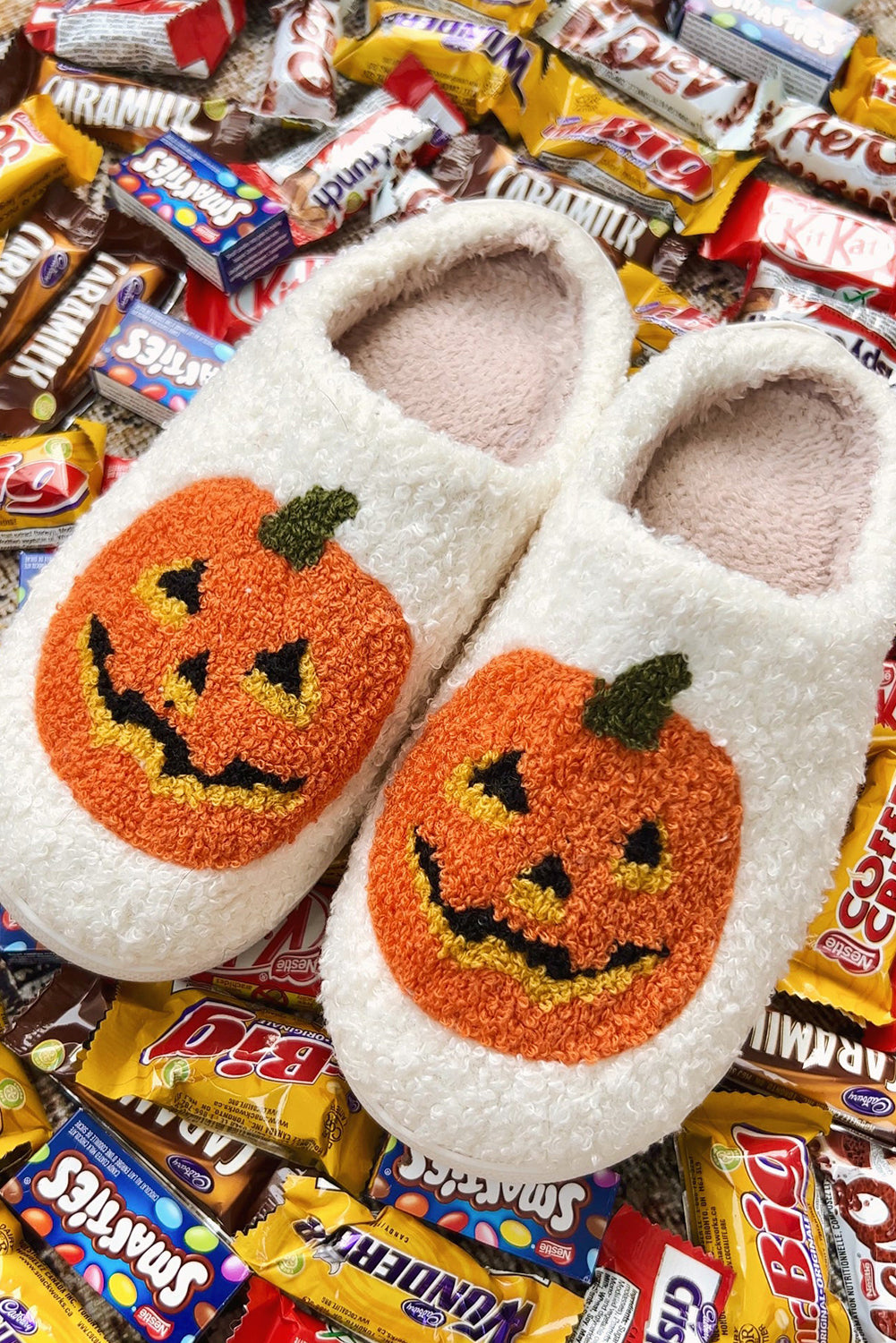 White Halloween Pumpkin Print Slippers