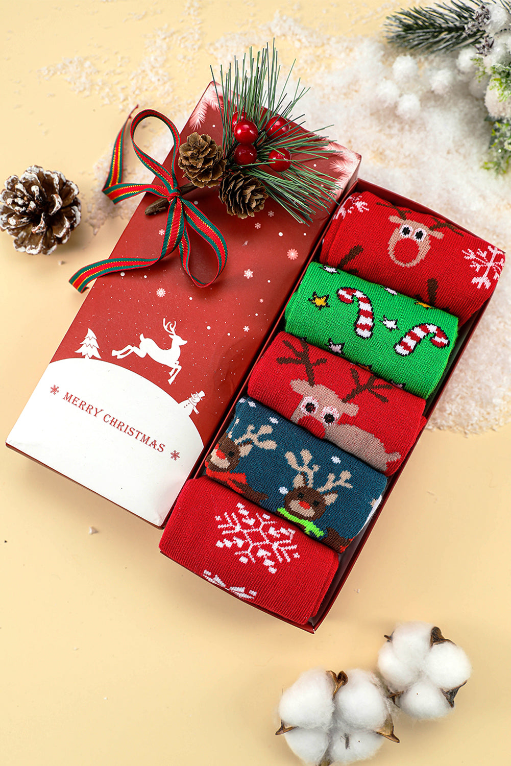 Red 5 Pairs/Set Christmas Cartoon Elk Soft Socks Set with Box