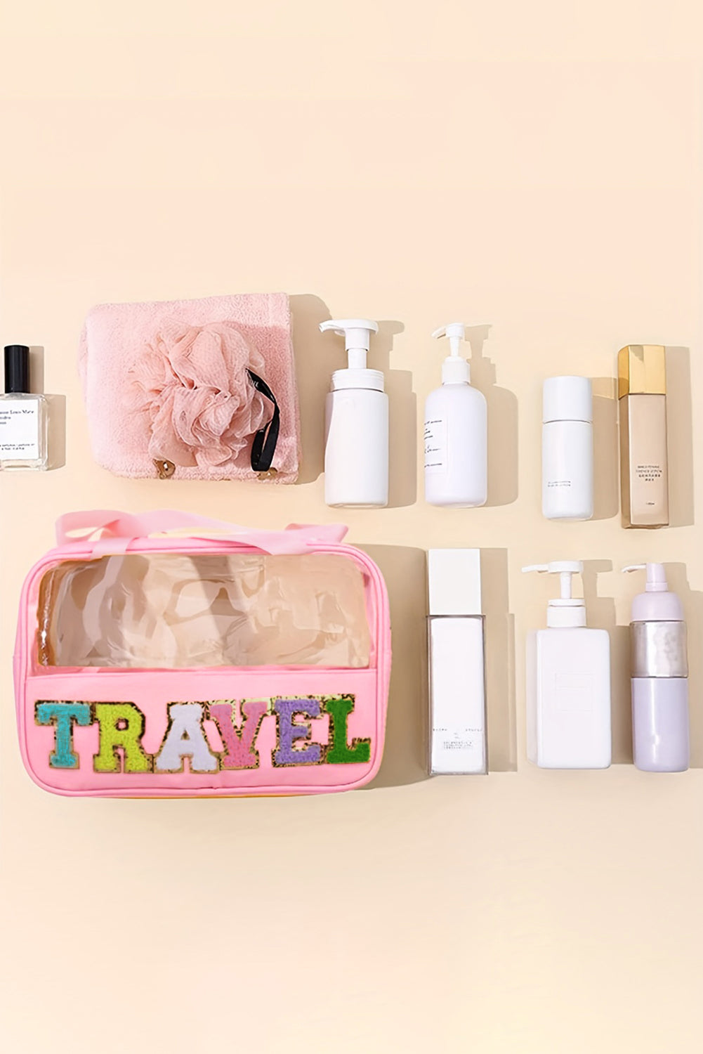 Light Pink TRAVEL Chenille Letter Clear PVC Makeup Bag