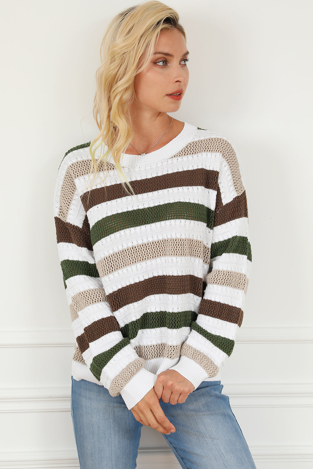 Stripe Crochet Hollow out Knit Sweater