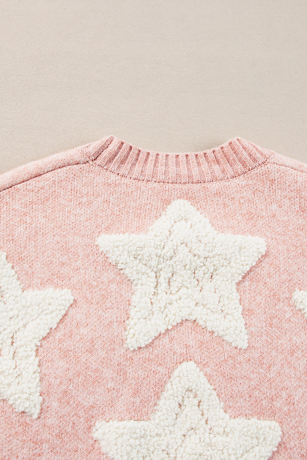 Pink Sherpa Star Pattern Textured Sweater Cardigan with Pockets