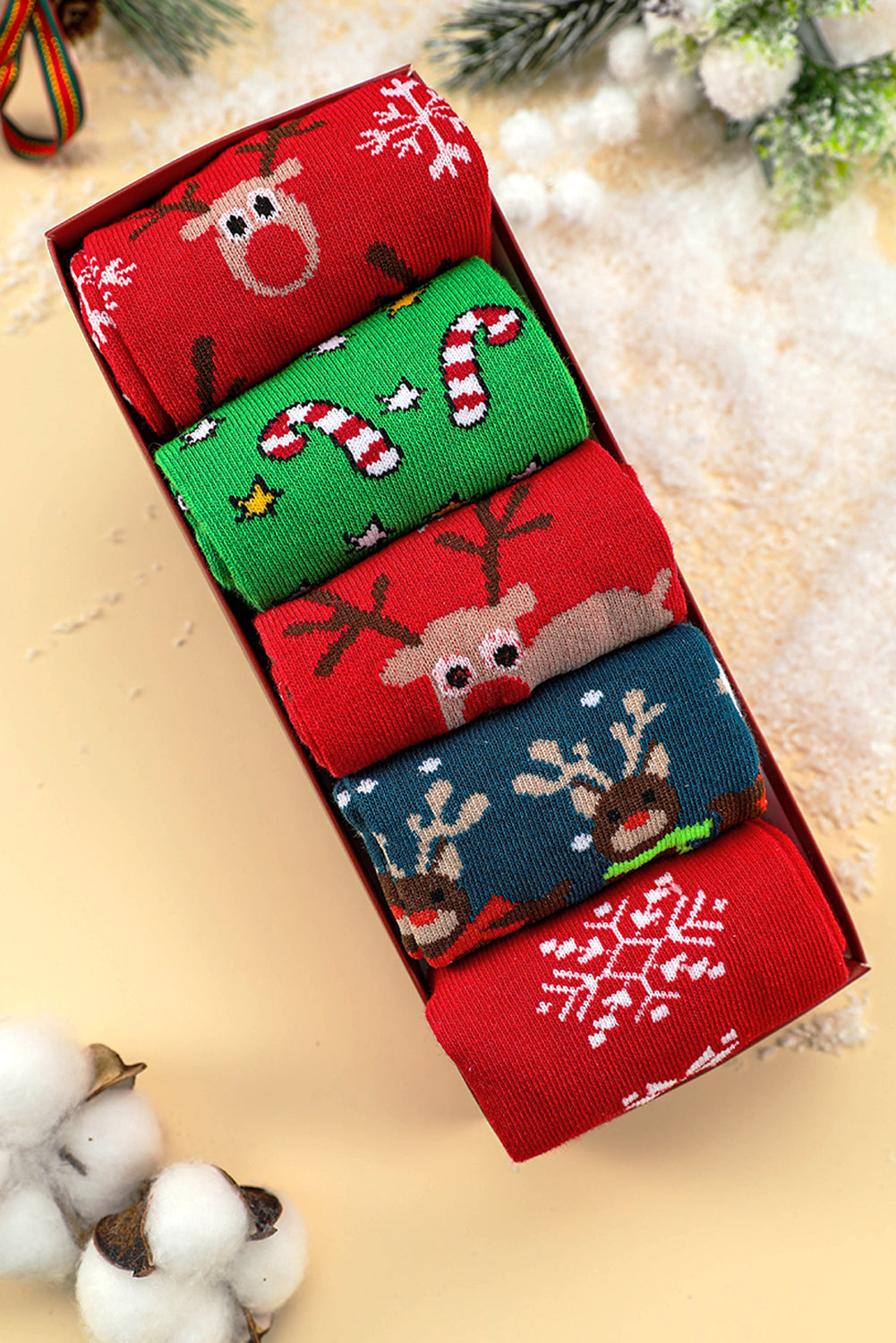 Red 5 Pairs/Set Christmas Cartoon Elk Soft Socks Set with Box