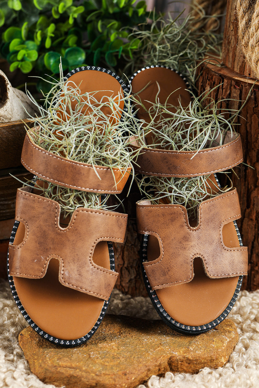 Brown Cut Out H Shape Band PU Leather Sandals