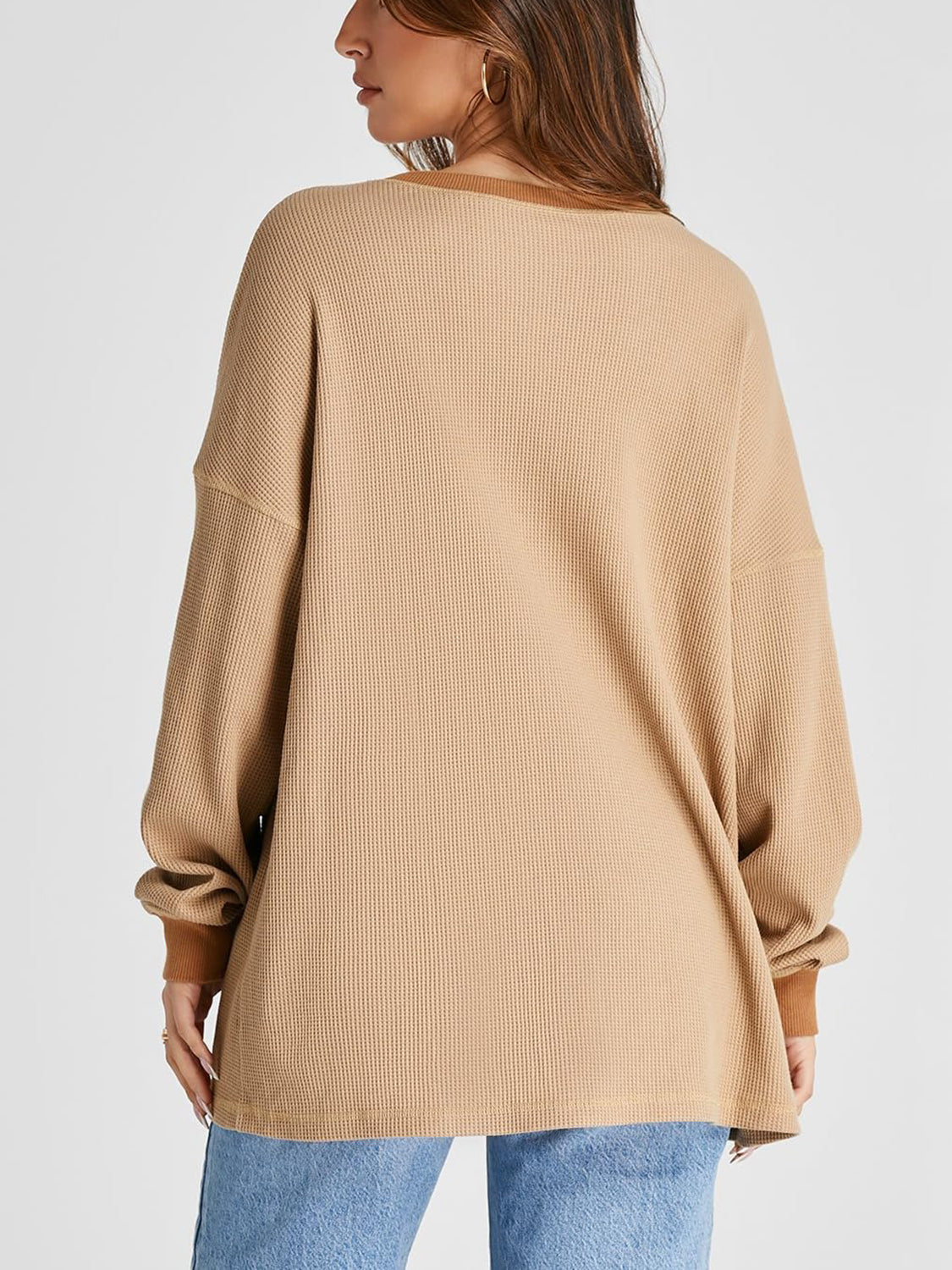 Waffle Knit Round Neck Long Sleeve T-Shirt